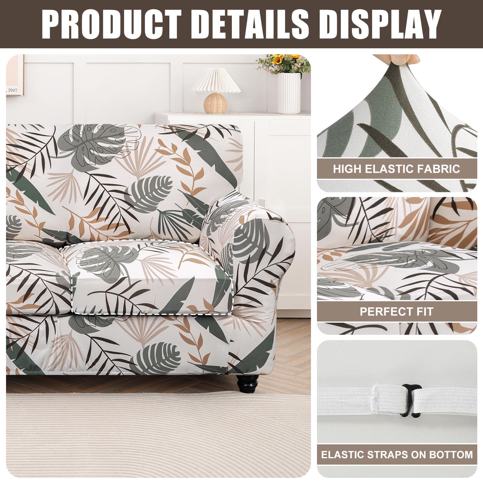 Searchi Stretch Sofa Cover Printed Couch Cover, Floral Pattern 4 Pieces Sofa Slipcover With 3 Separate Cushion Cover, Washable Furniture Protector For Living Room(Sofa, Botanical Palm)