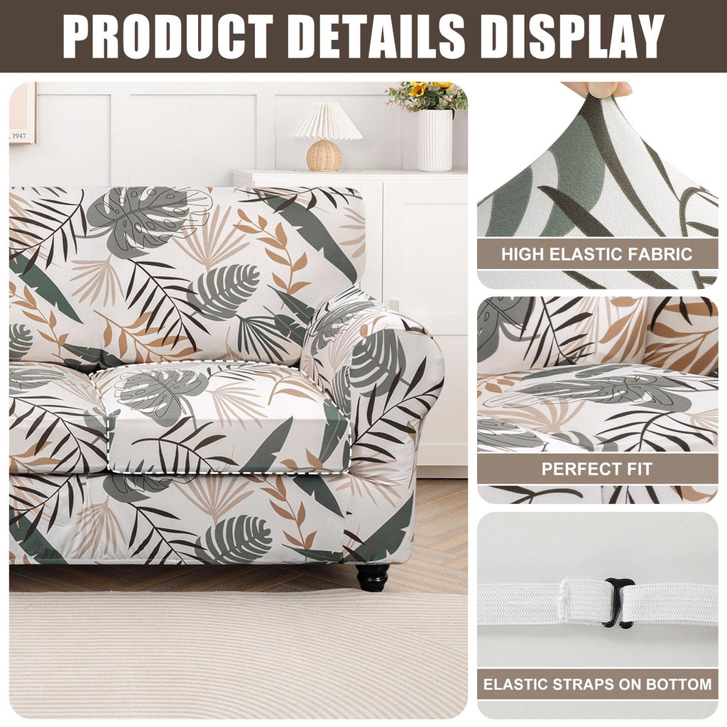 Searchi Stretch Sofa Cover Printed Couch Cover, Floral Pattern 4 Pieces Sofa Slipcover With 3 Separate Cushion Cover, Washable Furniture Protector For Living Room(Sofa, Botanical Palm)