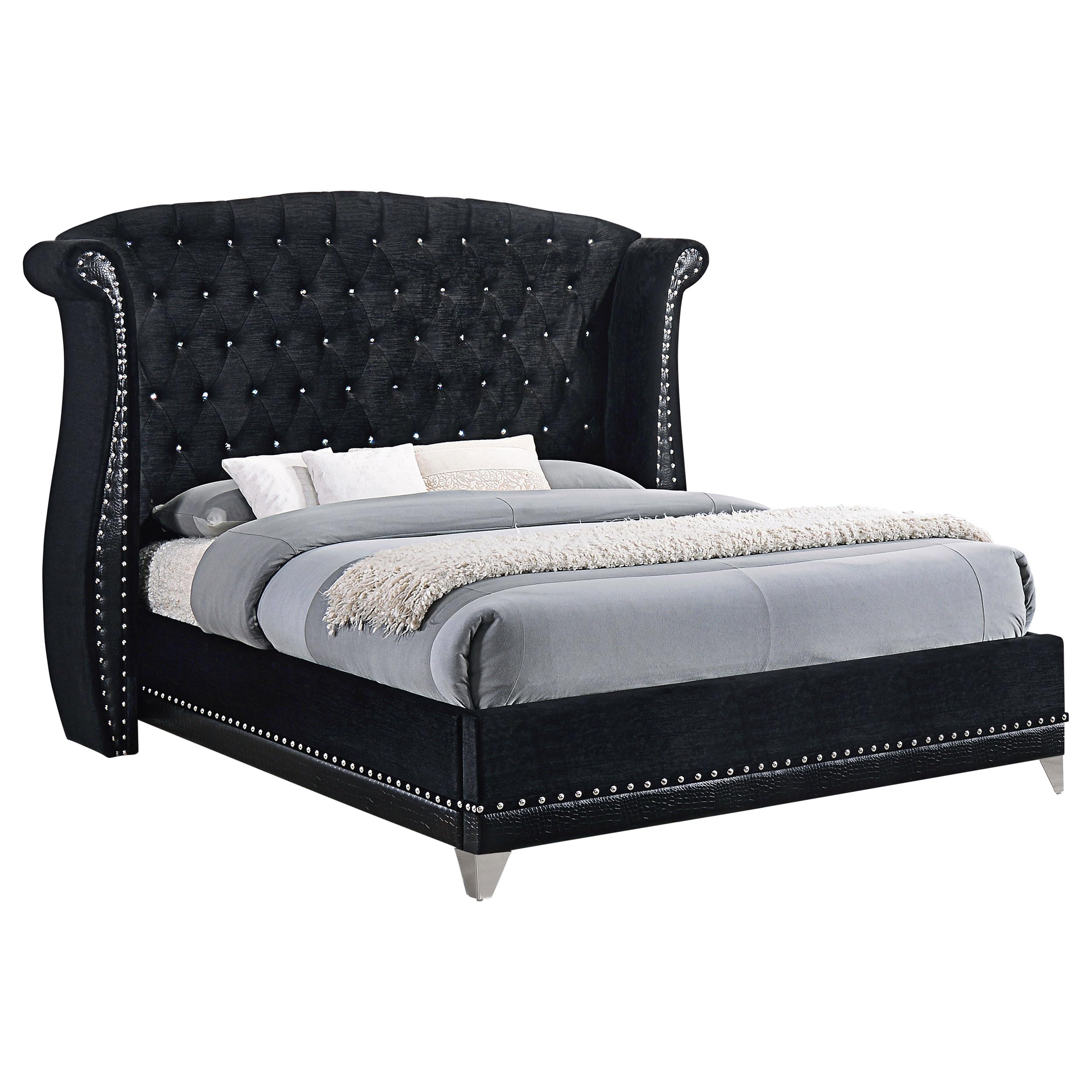 Coaster Home Furnishings Barzini Modern Classic Velvet Upholstered Queen Size Wingback Bed Frame Platform Bed 63-inch Headboard Black 300643Q