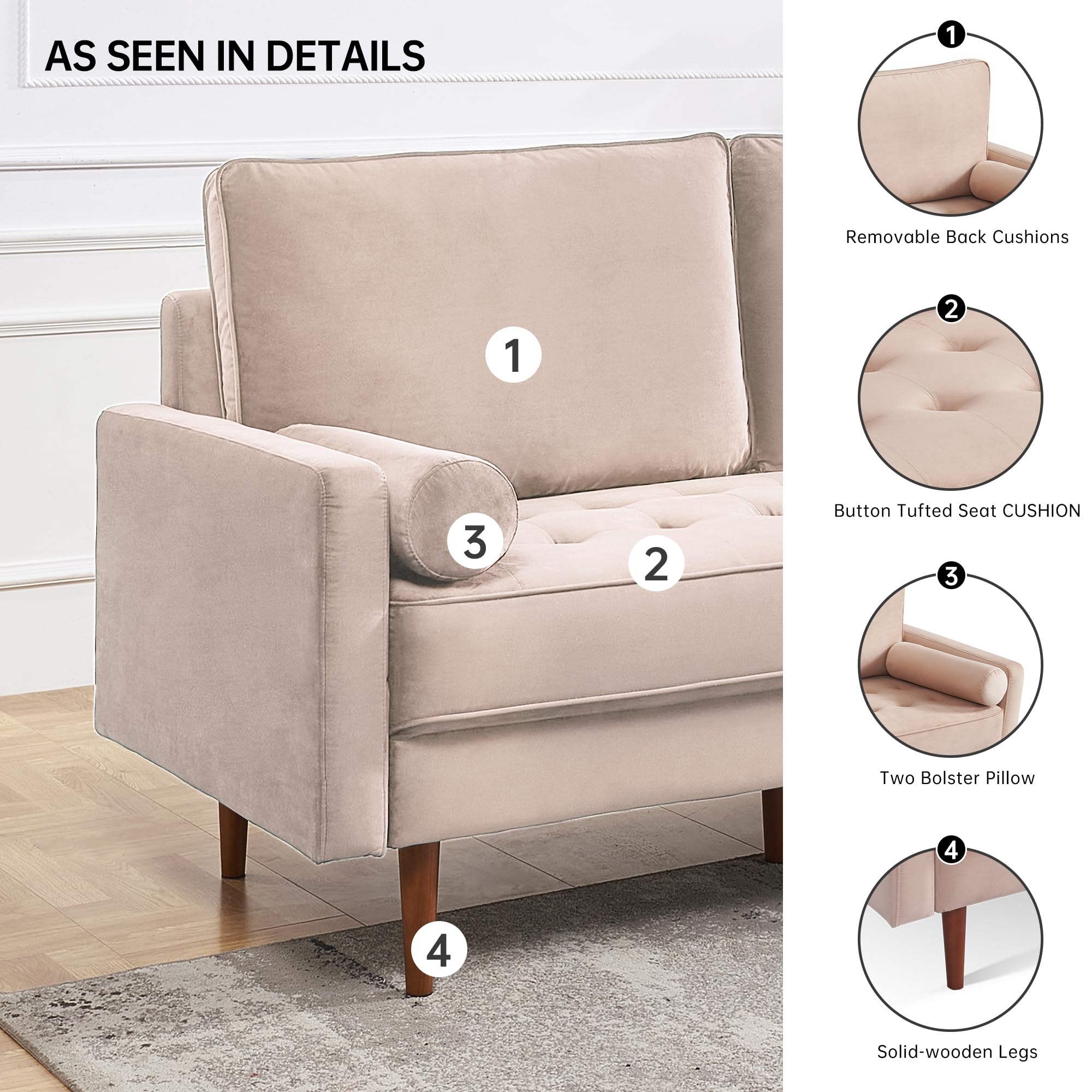 American Furniture Classics Beige 69 Inch Wide Upholstered Two Cushion Sofa with Bolster Pillows Velvet, 69" x 32" x 37"