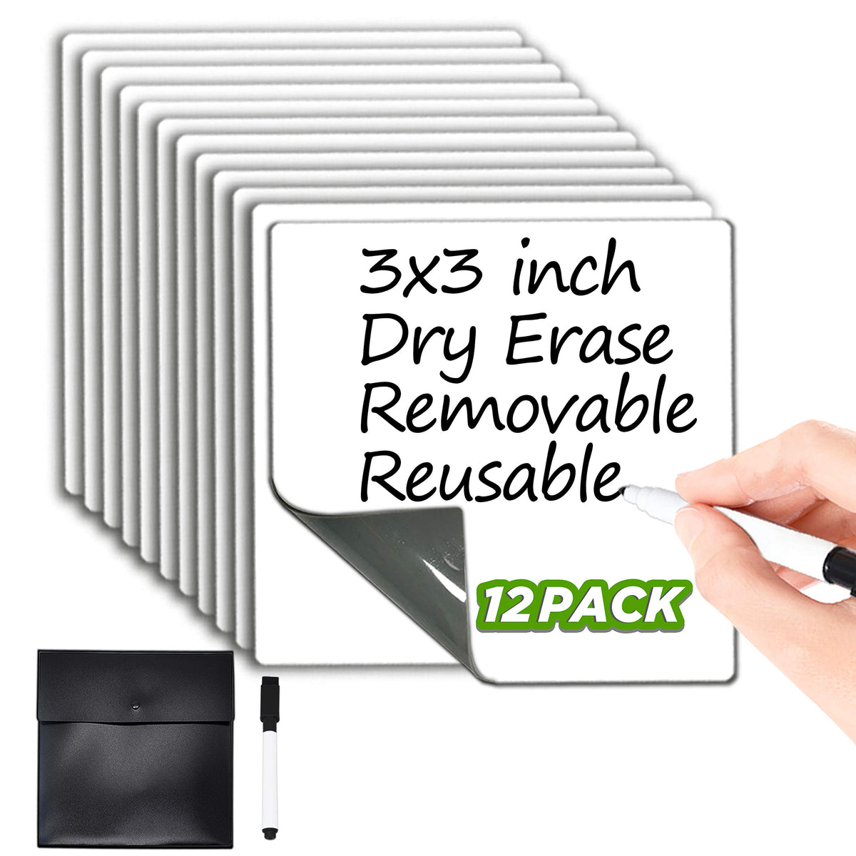 Dry Erase Sticky Notes. Reusable Whiteboard Stickers 3'X3' 12 Pack. Suitable For All Smooth Surface. Great For Labels, Lists,