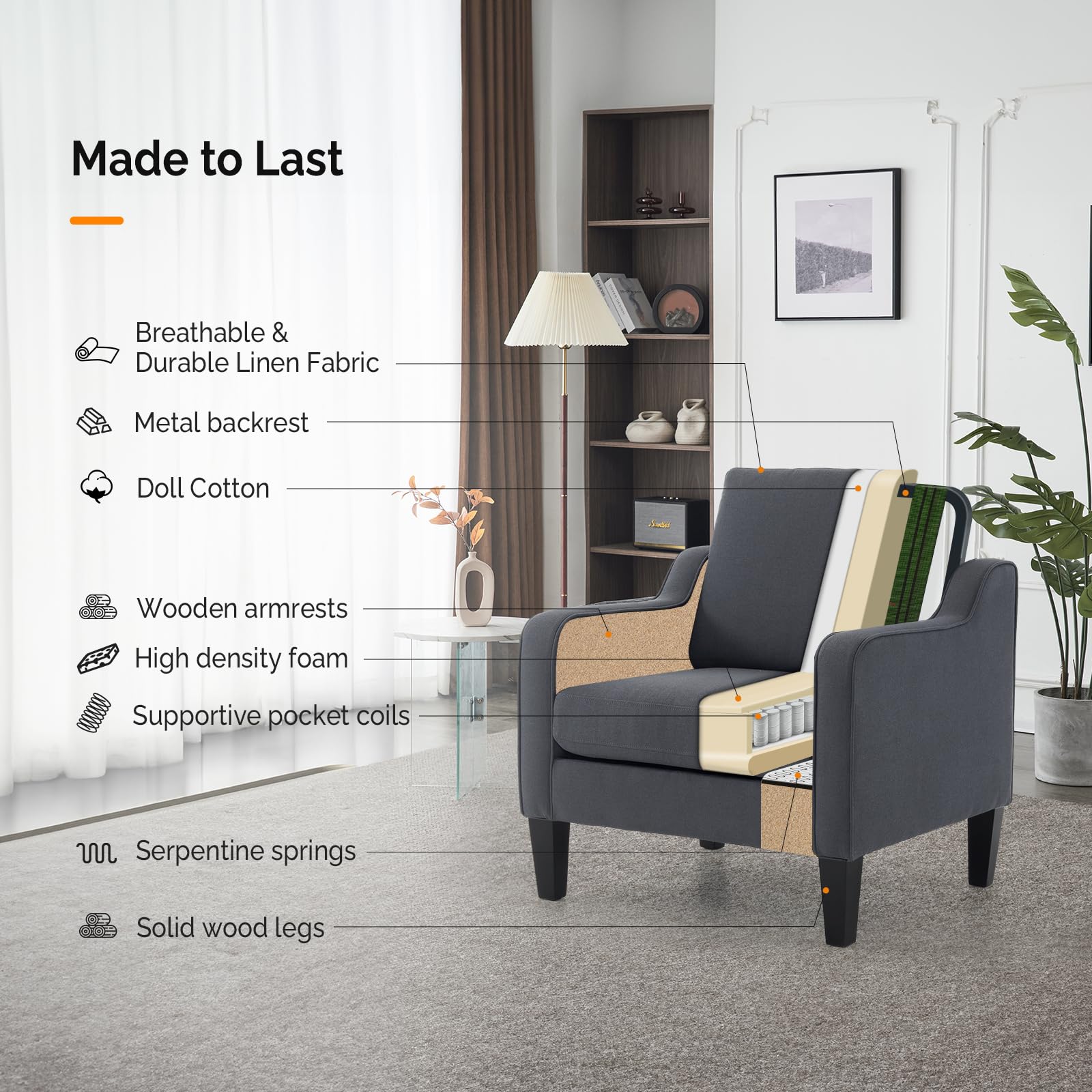 Vingli Accent Chairs For Living Room Chairs Mid Century Modern Chair Sofa Chair Upholstered Arm Chair With Scooped Arms For Bedroom, Apartment, Office, Studio, Waiting Room, Play Room