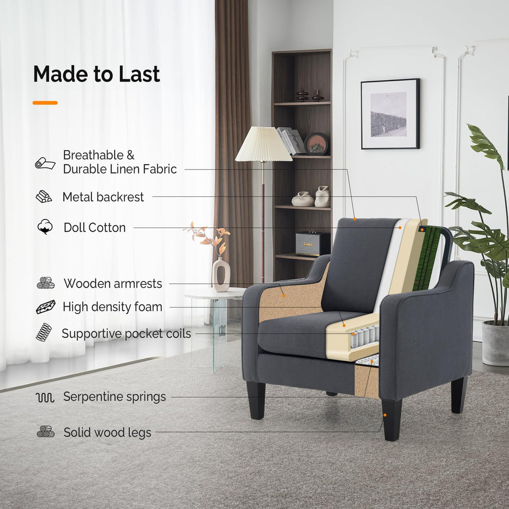 Vingli Accent Chairs For Living Room Chairs Mid Century Modern Chair Sofa Chair Upholstered Arm Chair With Scooped Arms For Bedroom, Apartment, Office, Studio, Waiting Room, Play Room