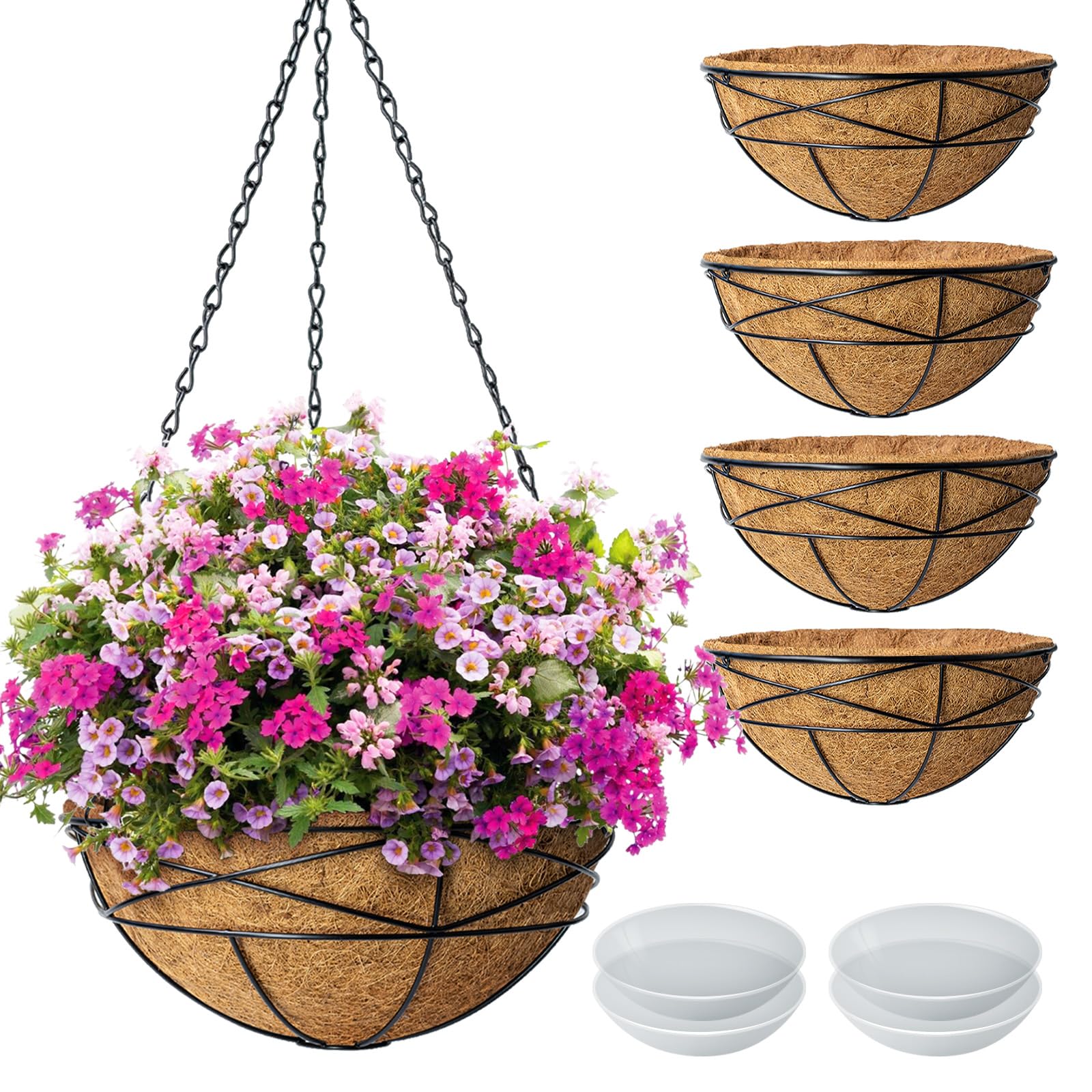 Karlliu 4 Pack 14 Inch Hanging Flower Baskets For Outdoor Plants Large Metal Wire Planters With Coco Liner Pot For Home Planting