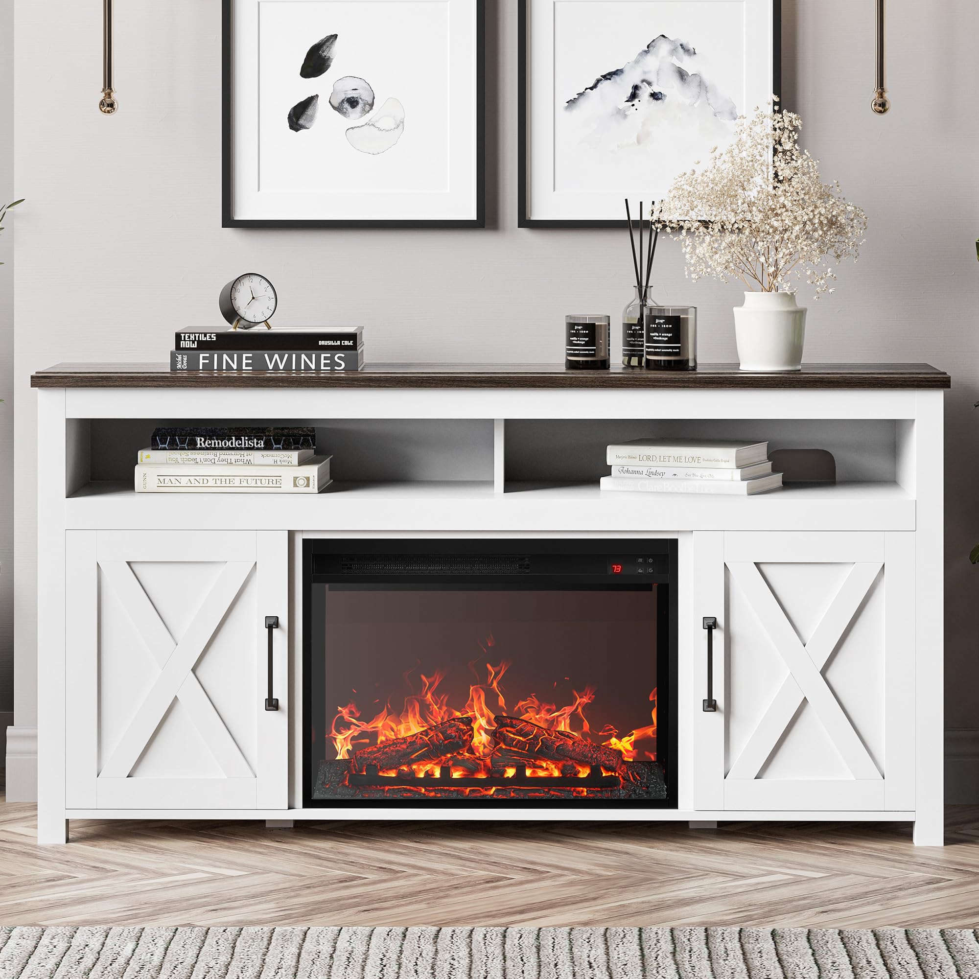 Belleze 58' Farmhouse Fireplace Tv Stand For Tvs Up To 65', 23' Electric Fireplace Heater With Sound, Entertainment Center Media Console Table Barn Door Storage Cabinets For Living Room - White