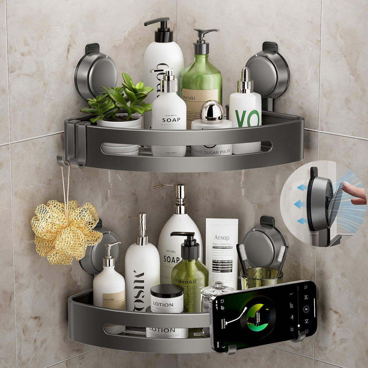ONXE Corner Shower Caddy Suction Cup,Shower Shelves with Hooks,No Drilling Powerful Upgrade Suction Bathroom Corner Organizers a