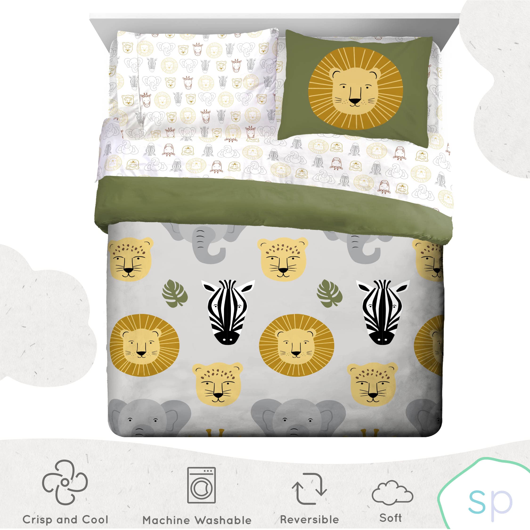 Saturday Park Safari Friends Queen Bed Set - 7 Piece 100% Organic Cotton Animals Bedding - Gots & Oeko-Tex Certified