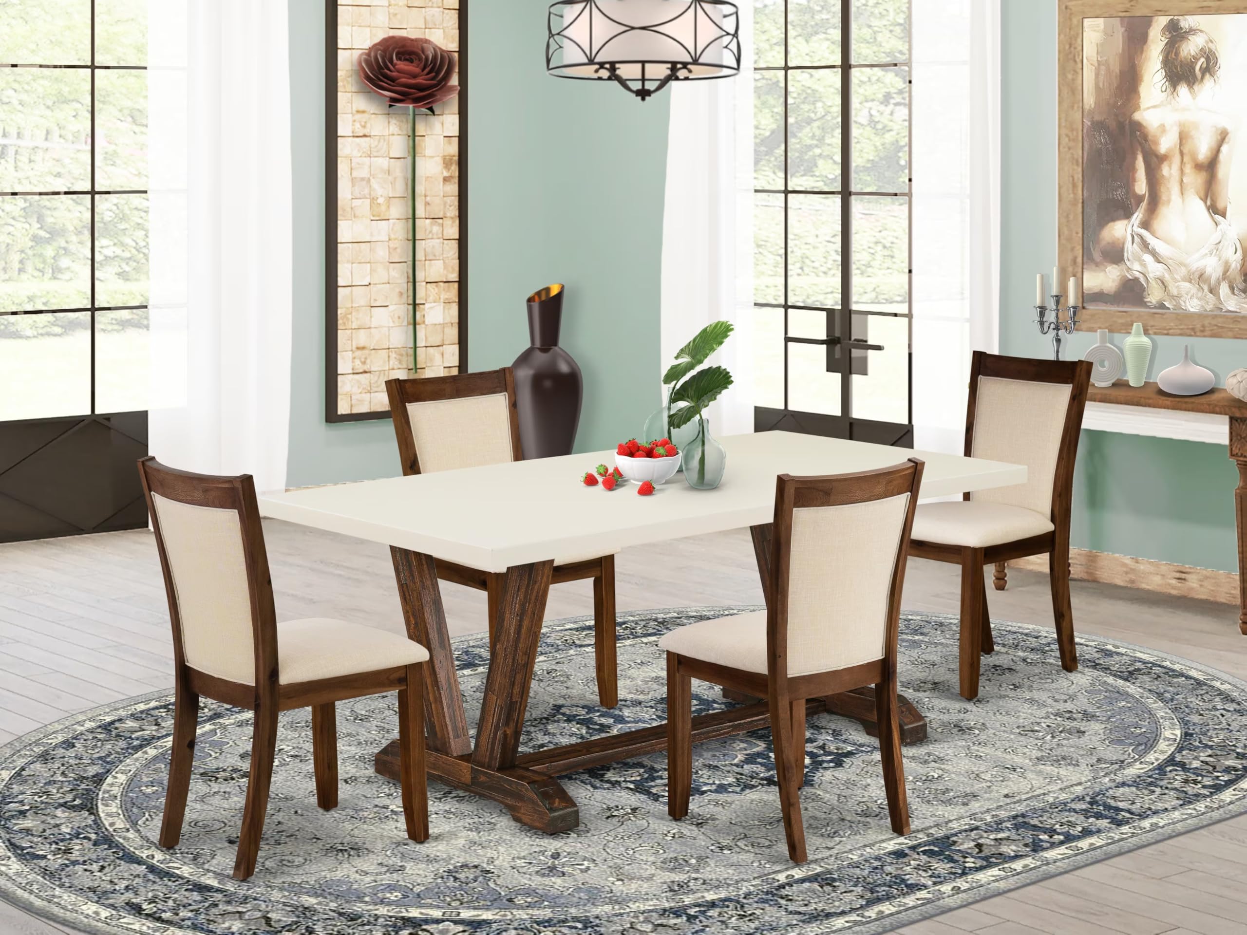East West Furniture V727Mzn32-5 5 Piece Dinette Set Includes A Rectangle Dining Room Table With V-Legs And 4 Light Beige Linen Fabric Parsons Dining Chairs, 40X72 Inch, Multi-Color