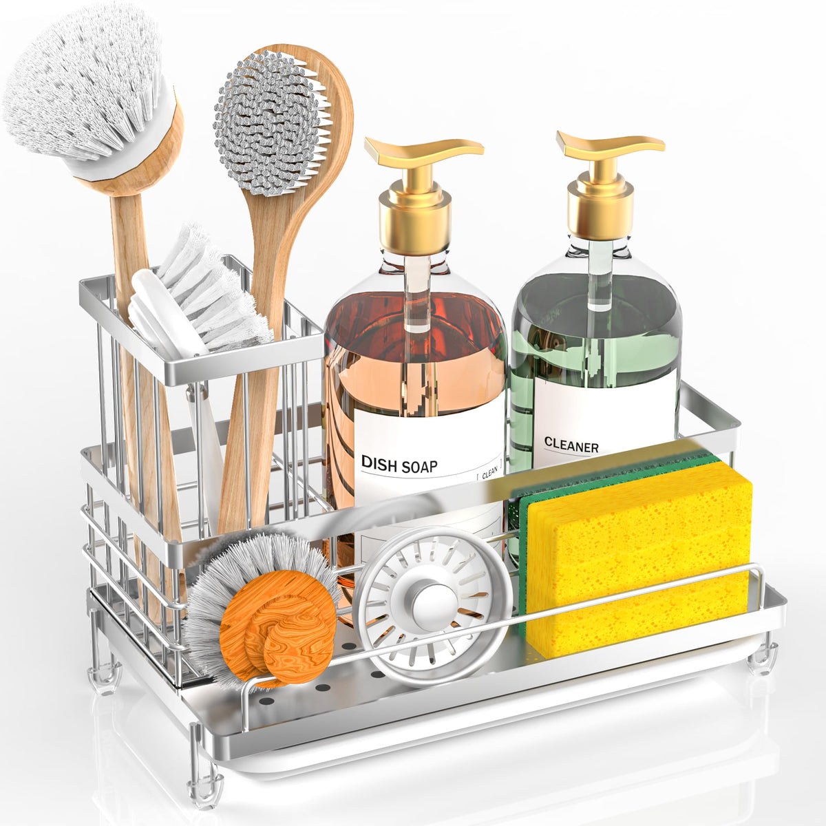 Cisily Stainless Steel Kitchen Sink Caddy Organizer, Sponge Holder For Sink Rustproof, Non-Slip Soap Dish Dispenser Brush Holder