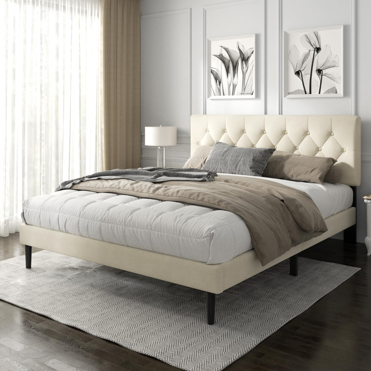 Haoara King Size Platform Bed Frame With Upholstered Button Tufted Headboard, Mattress Foundation With Wooden Slat Support, Noise Free, No Box Spring Needed, Easy Assembly, Beige Velvet