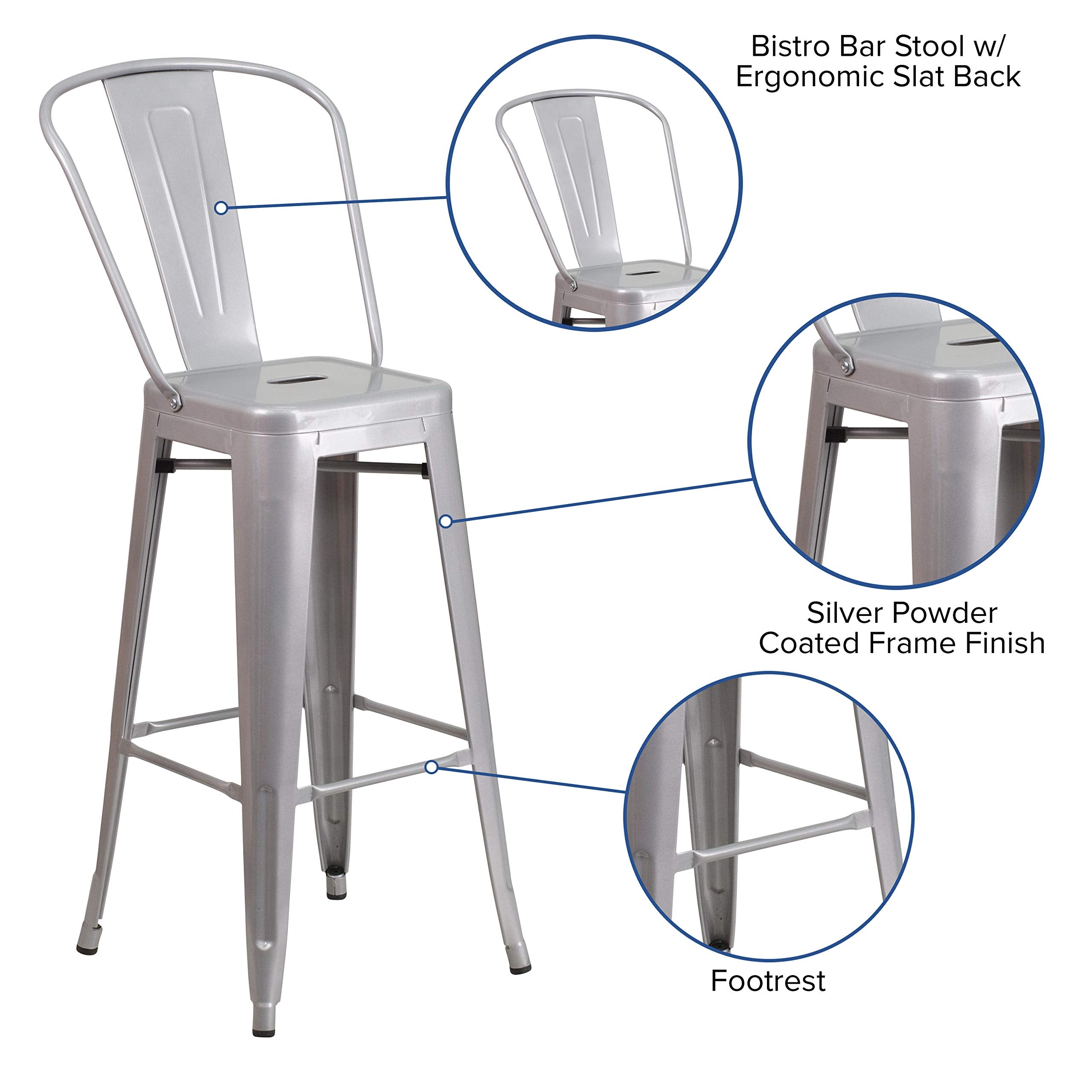 Flash Furniture Commercial Grade 30' High Silver Metal Indoor-Outdoor Barstool With Removable Back