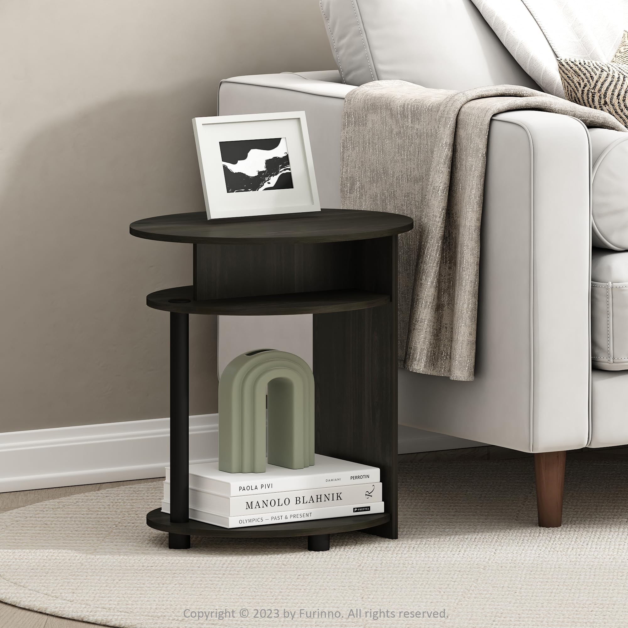 FURINNO Oval End Table, One, Walnut