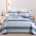 Wongs Bedding Blue Quilt Queen Size, Bohemian Stripe Quilt Sets 3 Pieces Boho Quilted Bedspread Set Lightweight Microfiber Cover