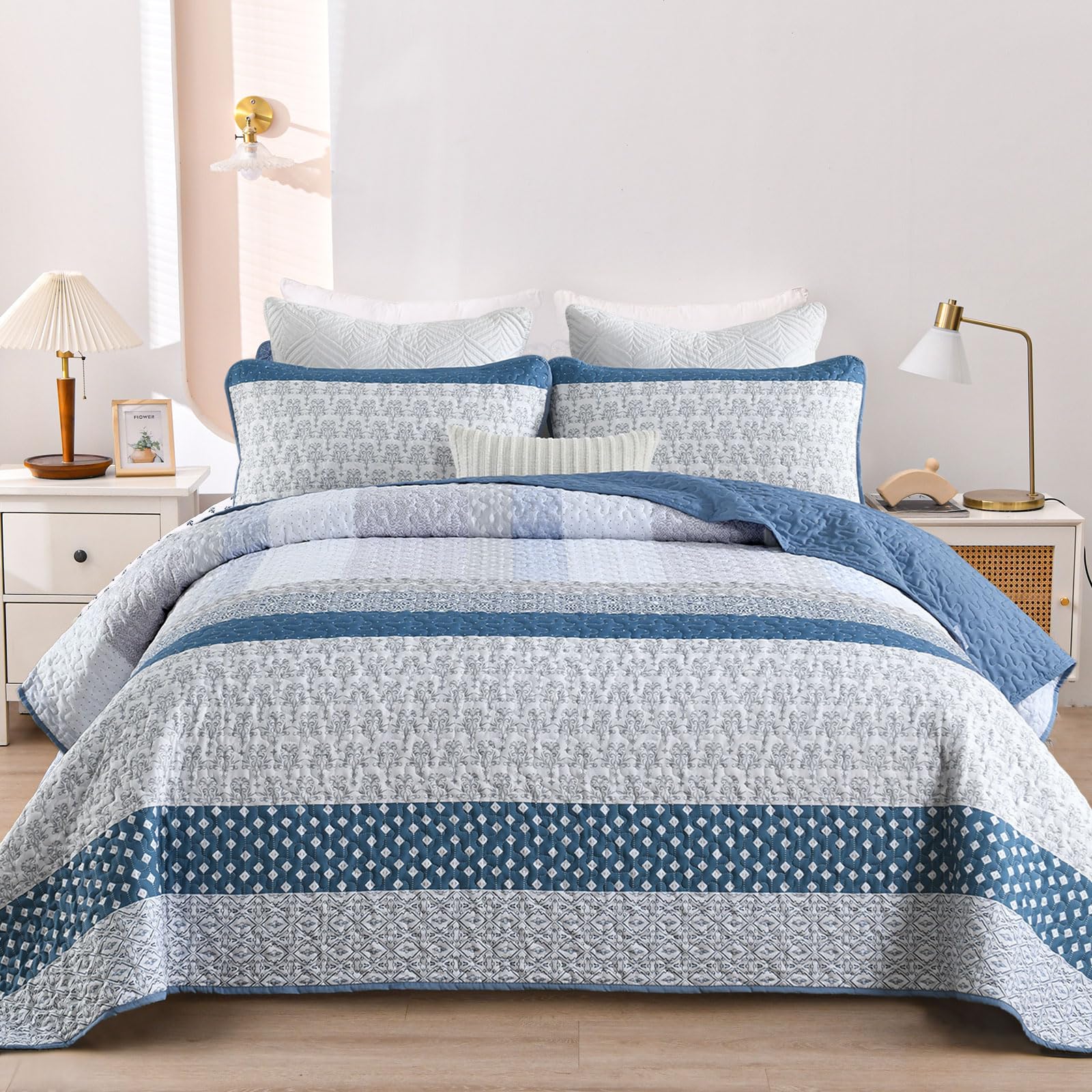 Wongs Bedding Blue Quilt Queen Size, Bohemian Stripe Quilt Sets 3 Pieces Boho Quilted Bedspread Set Lightweight Microfiber Cover