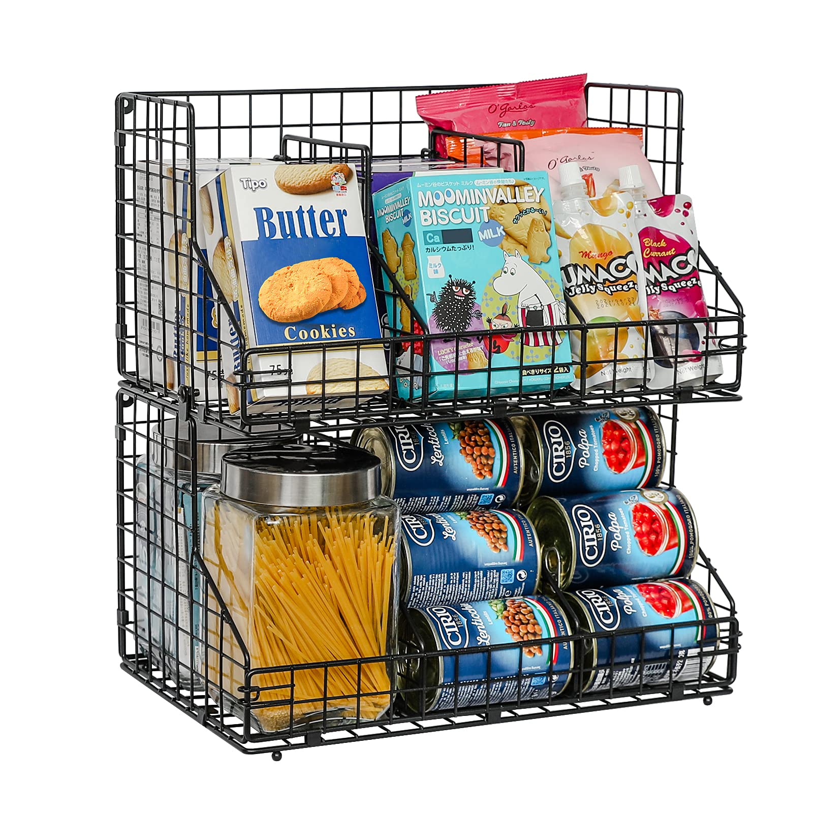 X-cosrack XXL Stackable Wire Baskets for Pantry Organizers and Storage, 2 Pack Snack Organizer Baskets with 4 Removable Dividers