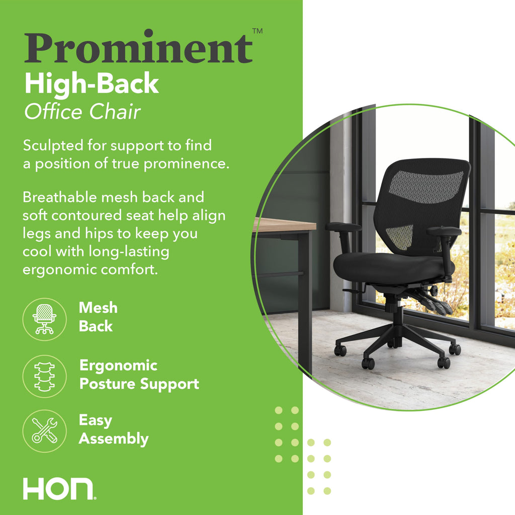 HON Prominent High Back Office Chair Mesh Desk Chair With Wheels and Arms - Ergonomic Office Chair with Adjustable ASynchro-Tilt Recline, Home Office Swivel Chair Comfortable for Long Hours - Black