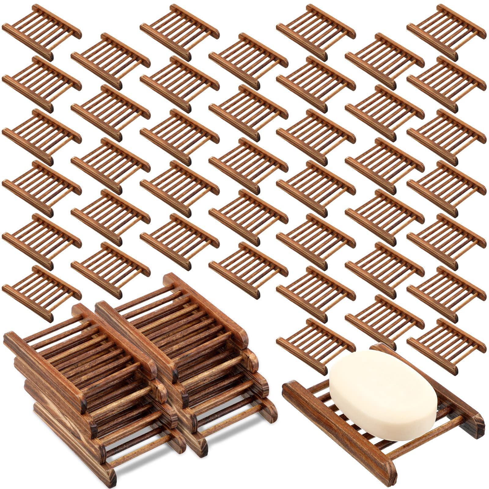 50 Pack Soap Saver Bamboo Wood Soap Dish Tray Wooden Hand Craft Soap Case for Shower Rectangular Bathtub Shower Dish Accessories