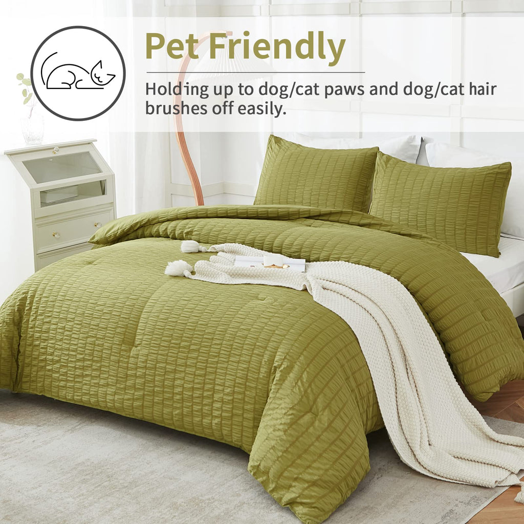 Avelom Olive Green Seersucker California King Comforter Set (104X96 Inches), 3 Pieces-100% Soft Washed Microfiber Lightweight Comforter With 2 Pillowcases, All Season Down Alternative Bedding Set