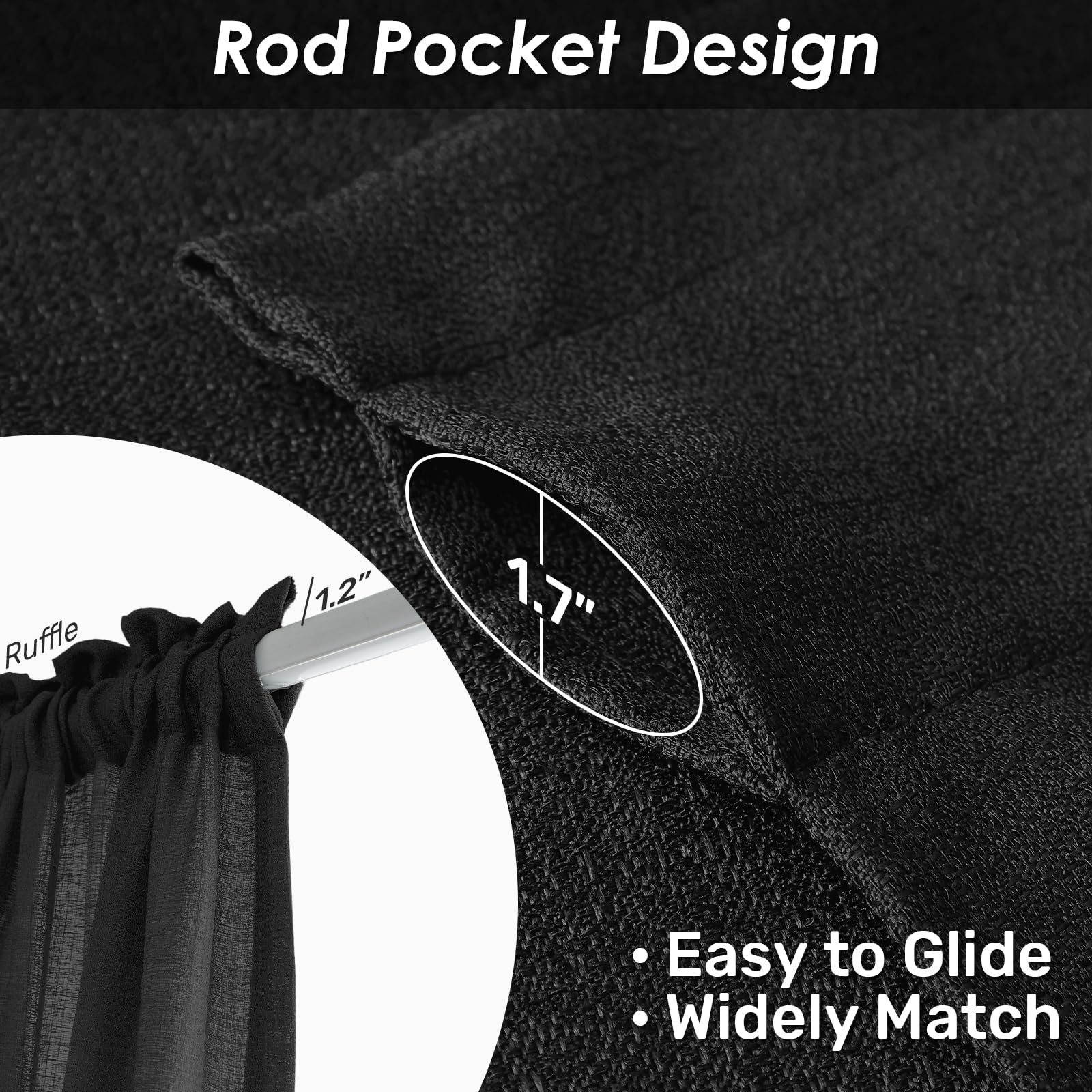 Melodieux Black Semi Sheer Curtains 45 Inch Length For Bedroom Kitchen Small Windows, Linen Look Rod Pocket Privacy Sheer Drapes