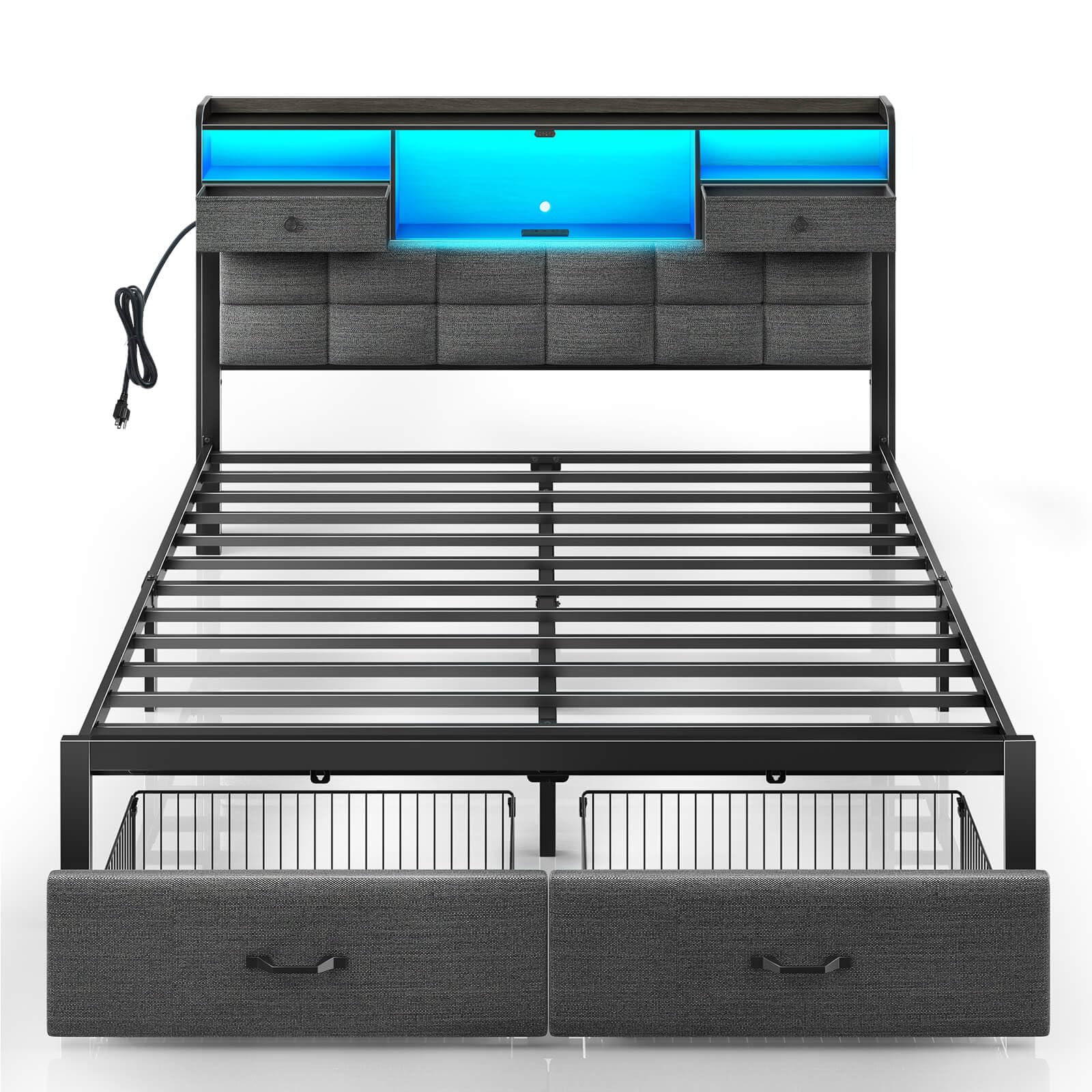 Rolanstar Bed Frame Full Size With Drawers And Charging Station, Upholstered Platform Bed With Storage Headboard And Led Light, Heavy Duty Metal Frame Support, No Box Spring Needed, Noise Free, Grey
