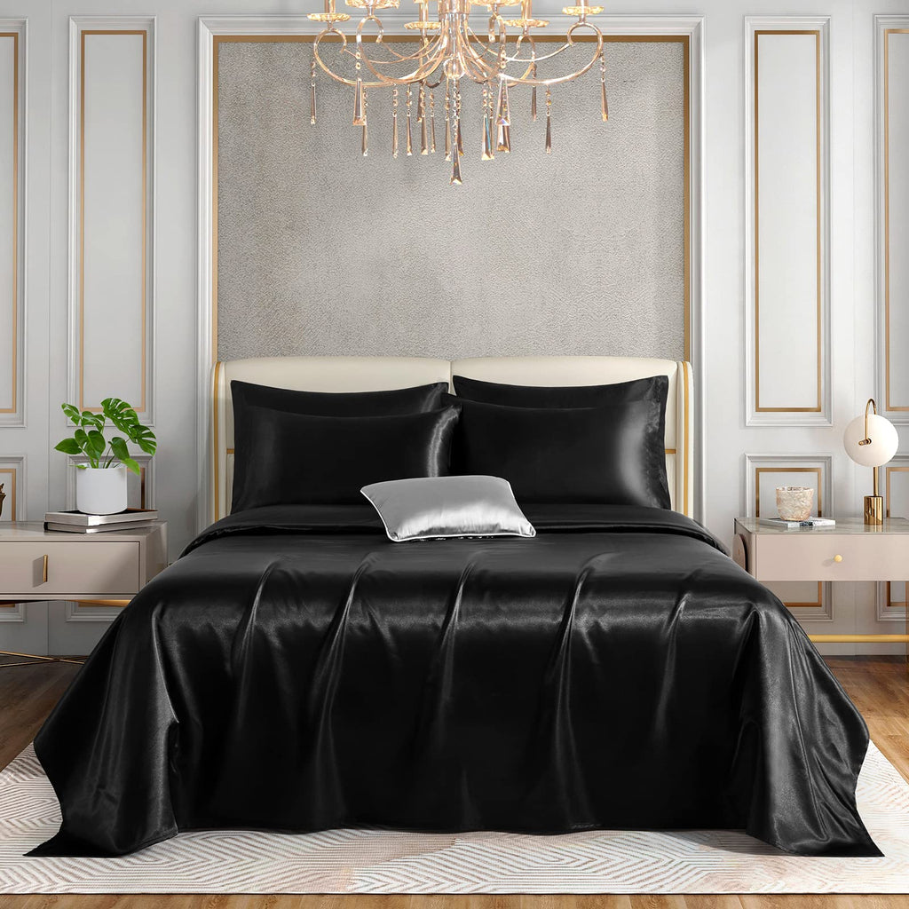 Horbaunal 6 Piece Satin Sheet Set Queen Size Luxury Silky & Soft Black Satin Queen Bed Sheet Set With 16'' Deep Pocket, 1 Fitted