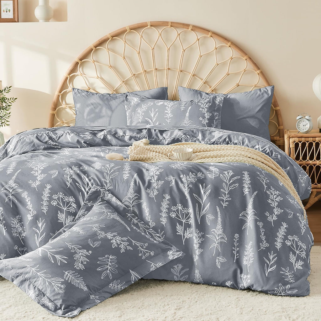 MUXHOMO Light Grey Bed in a Bag Queen 7 Pieces, Queen Comforter Set Reversible Botanical Flowers Design, Ultra Soft & Breathable