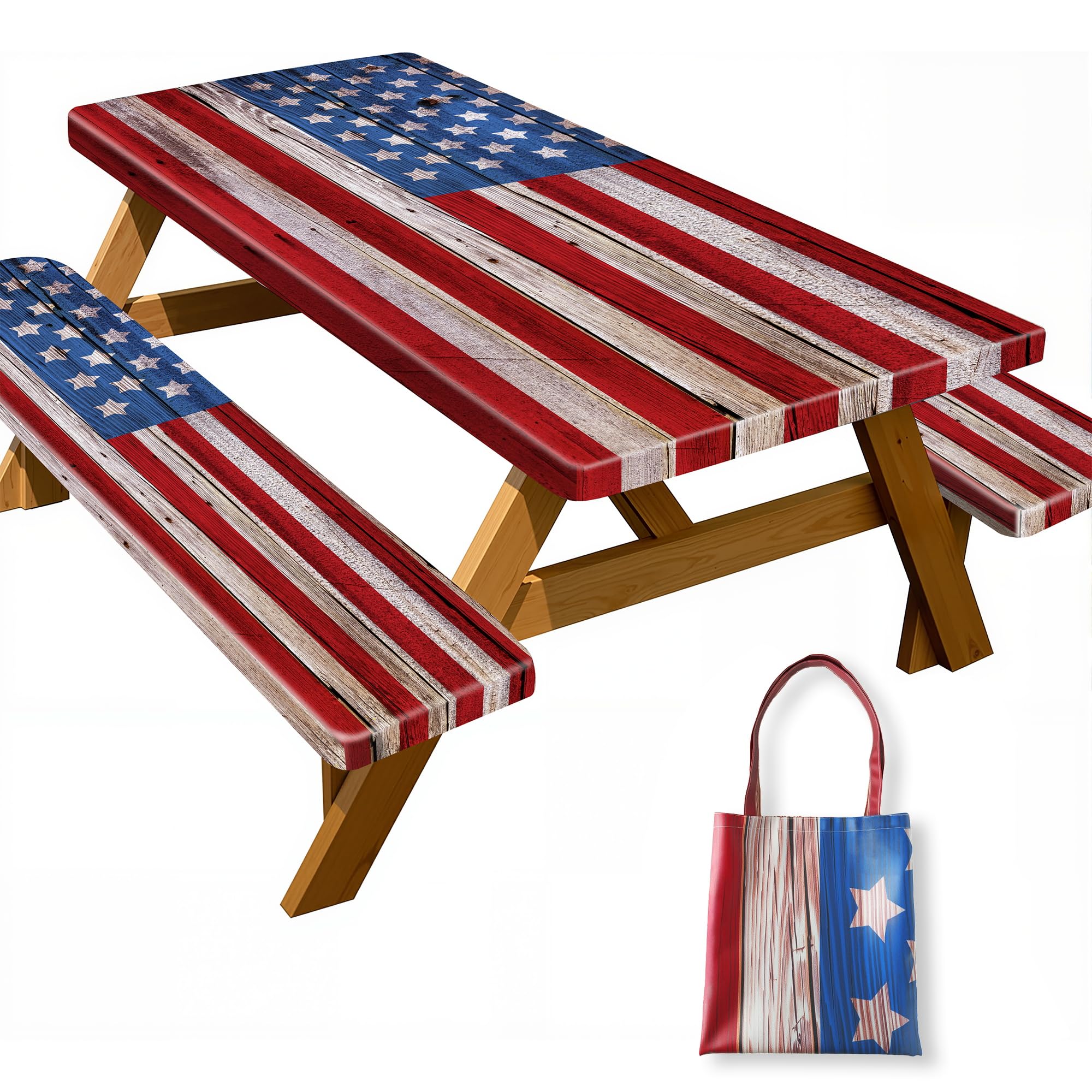 YPHCDO Picnic Table Cover with Bench Covers American Flag Waterproof Windproof Fitted Outdoor Tablecloth with Elastic Rectangle 