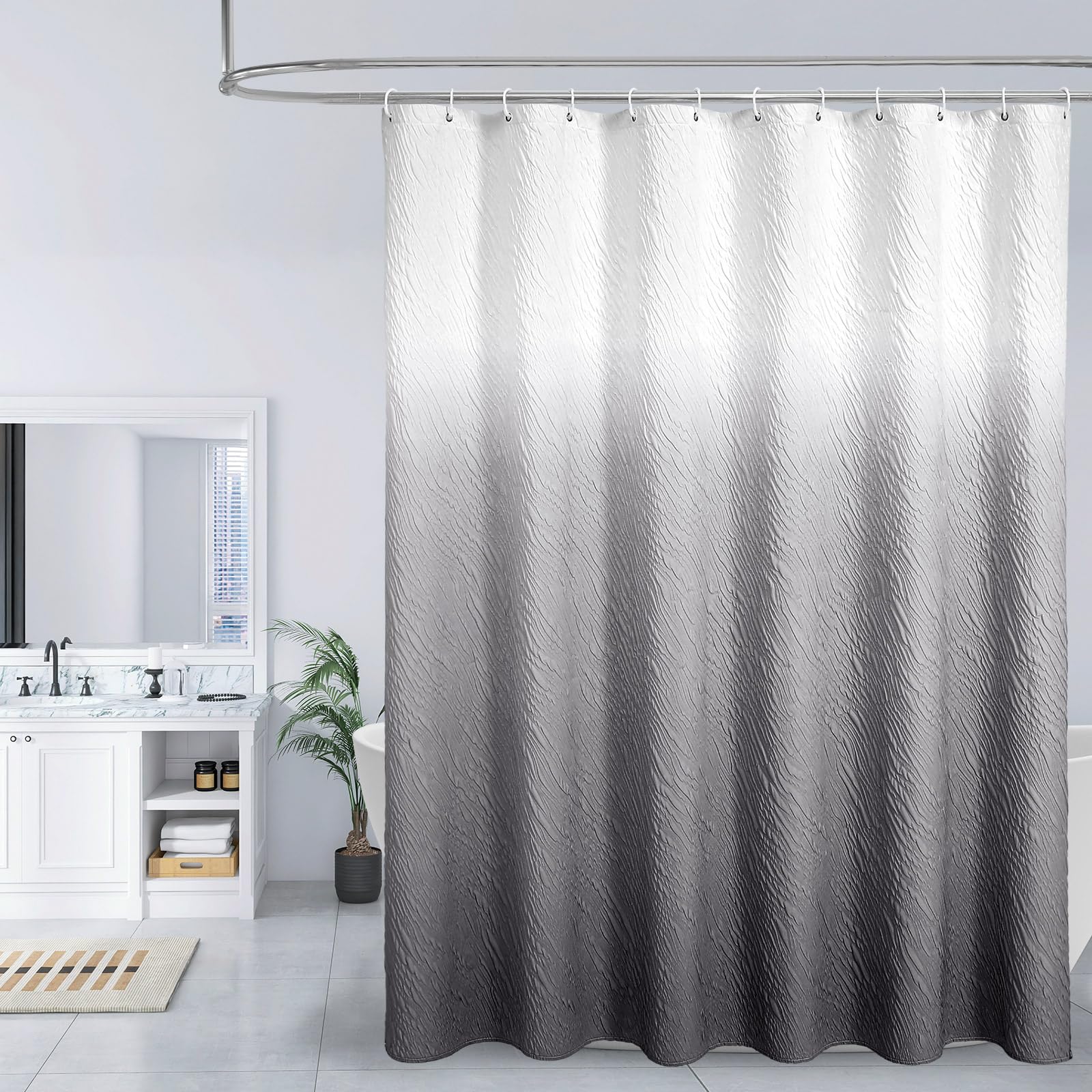 Mitovilla Grey Ombre Shower Curtain, Farmhouse Waves Fabric Shower Curtains For Modern Hotel Bathroom Decor, 3D Geometric Emboss