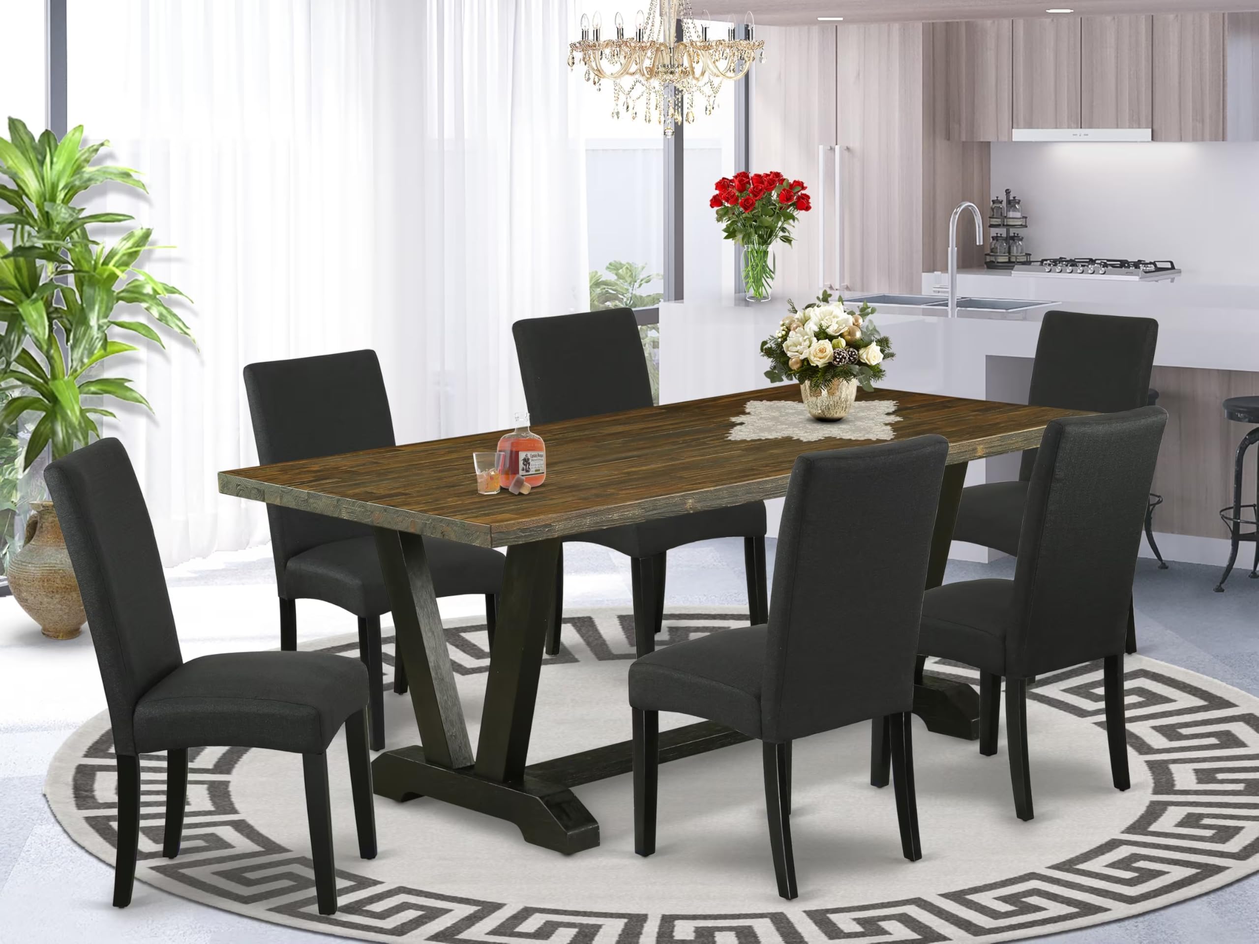 East West Furniture V677Dr124-7 7 Piece Dining Set Consist Of A Rectangle Dining Room Table With V-Legs And 6 Black Color Linen Fabric Upholstered Parson Chairs, 40X72 Inch, Multi-Color