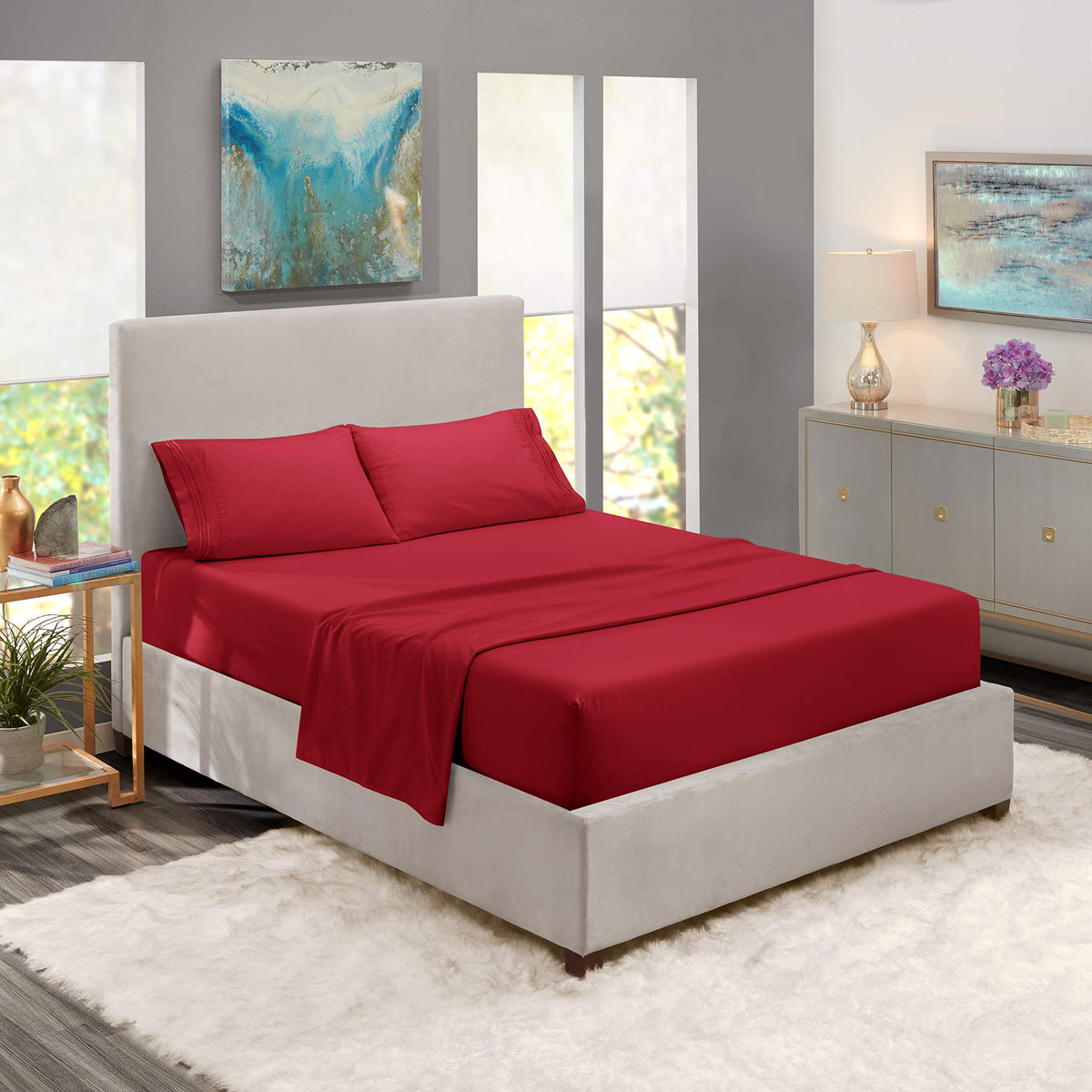 Nestl Rv Short Queen Sheets Set - 4 Piece Bed Sheets For Rv Queen Size Bed, Double Brushed Rv Size Sheets, Hotel Luxury Burgundy
