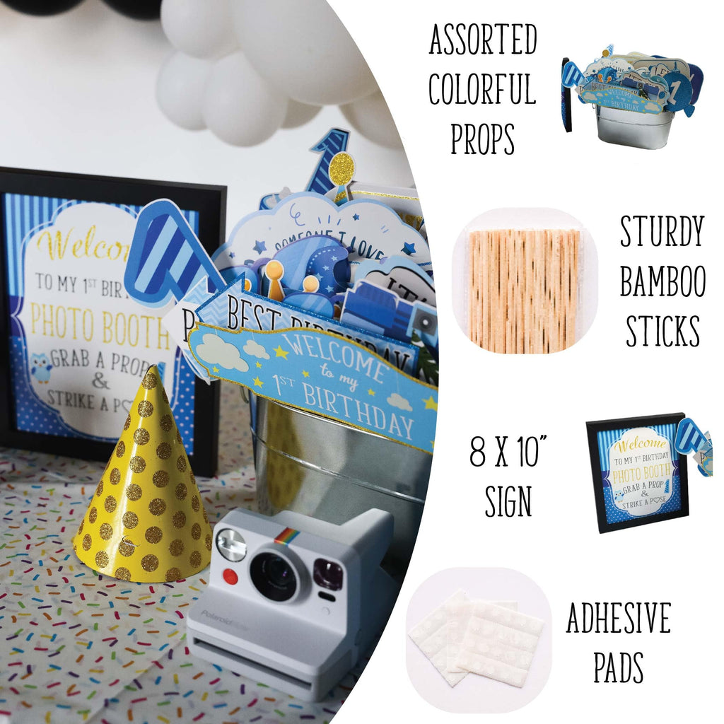 1St Birthday Boy Photo Booth Props - 41-Pc Photobooth Kit With 8 X 10-Inch Sign, 60 Adhesive Pads, 45 Sticks - Photo Booth Props