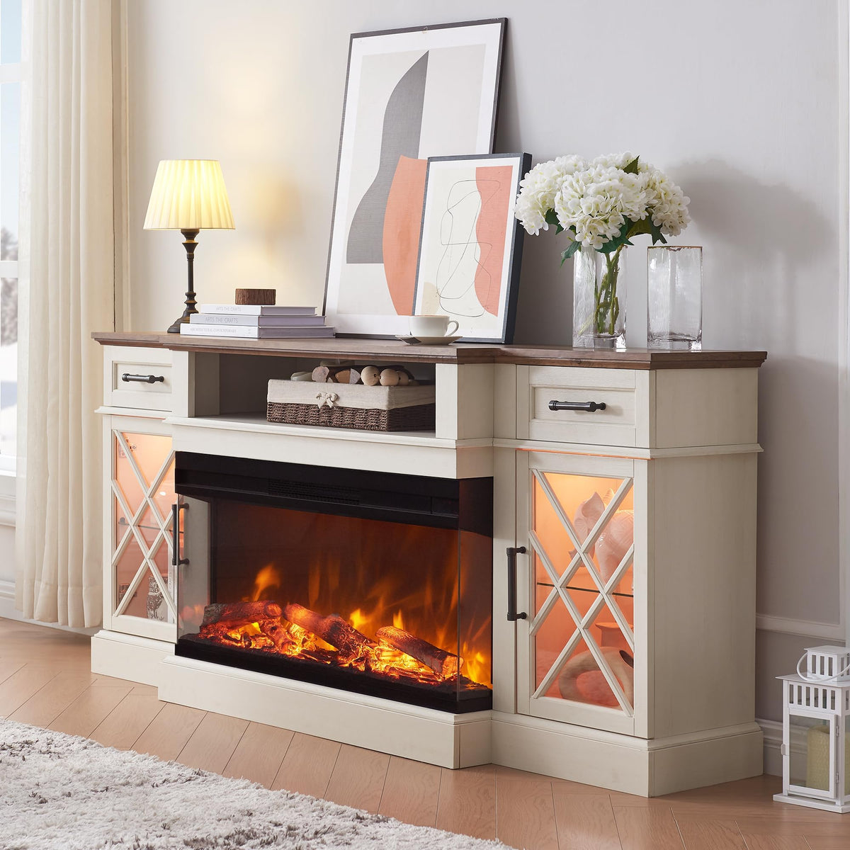OKD 3-Sided Farmhouse Electric Fireplace TV Stand for TVs up to 80'', Highboy Entertainment Center with Glass Door Storage Cabin