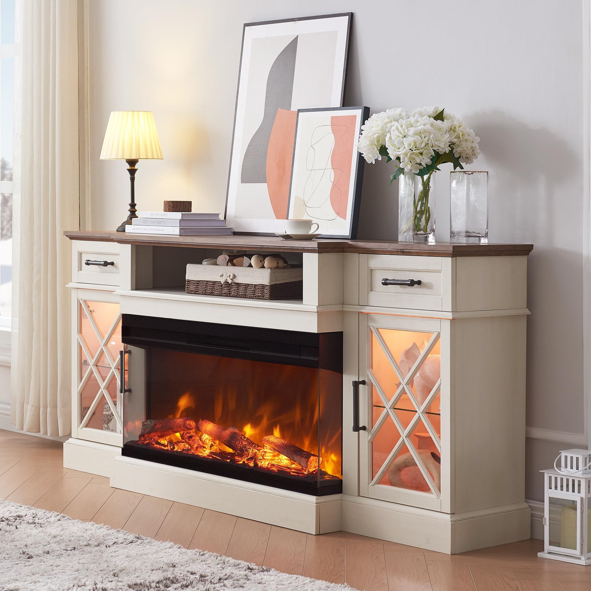 OKD 3-Sided Farmhouse Electric Fireplace TV Stand for TVs up to 80'', Highboy Entertainment Center with Glass Door Storage Cabin