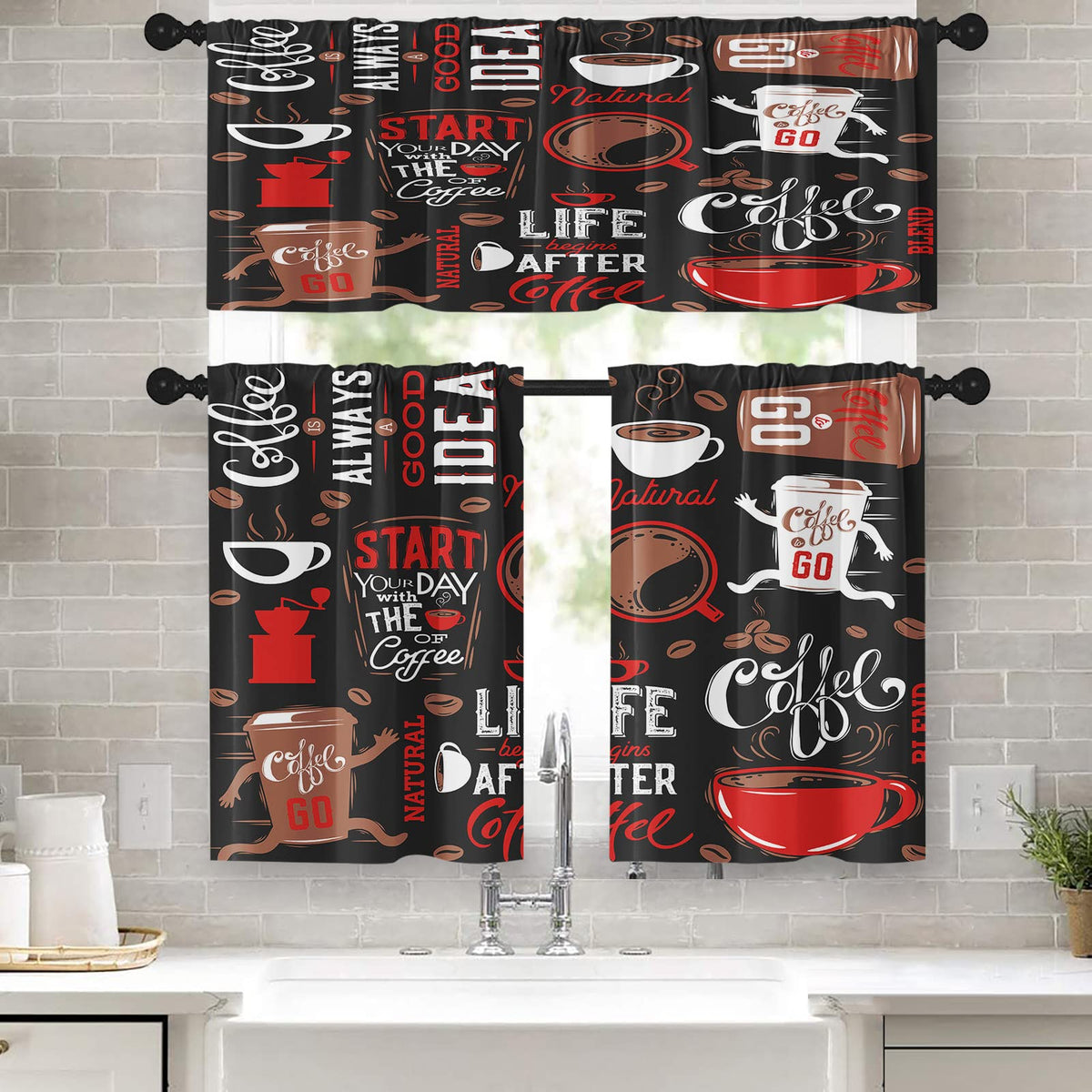 Tayney Coffee Kitchen Curtains Black Red Window Curtains Valance And Tier Set, Cute Rod Pocket Short Tier Curtain, Retro Brown W