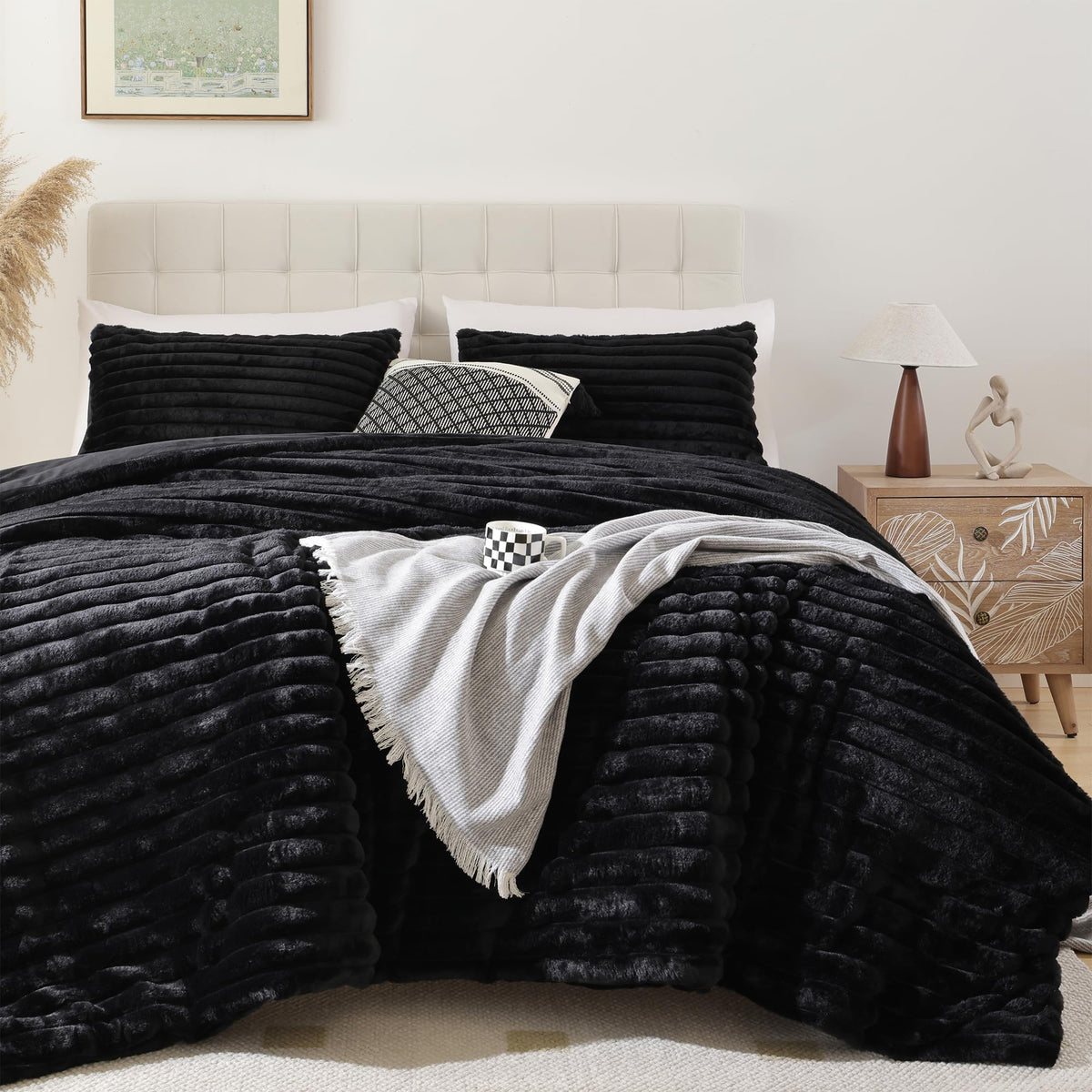 Smoofy Fluffy Queen Comforter Set 3 Pieces - Black Fleece Fluffy Comforter Queen Set, Luxury Fuzzy Queen Bed Set, Soft & Warm Be