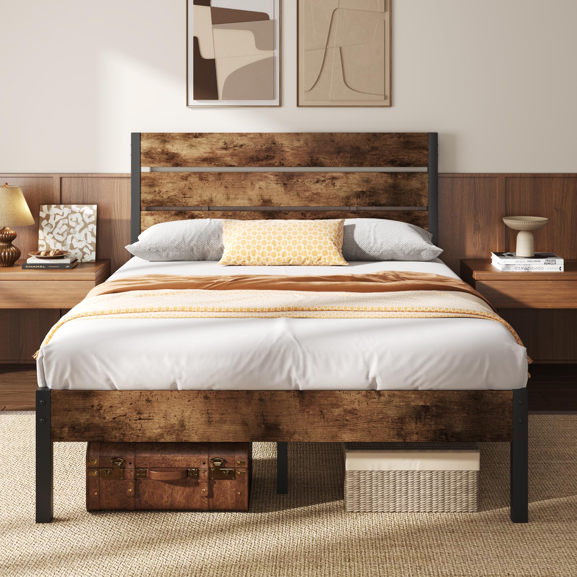 Foredawn Twin Bed Frame With Headboard, Metal Platform Bed,Noise Free, Easy Assembly, No Box Spring Needed, Rustic Brown