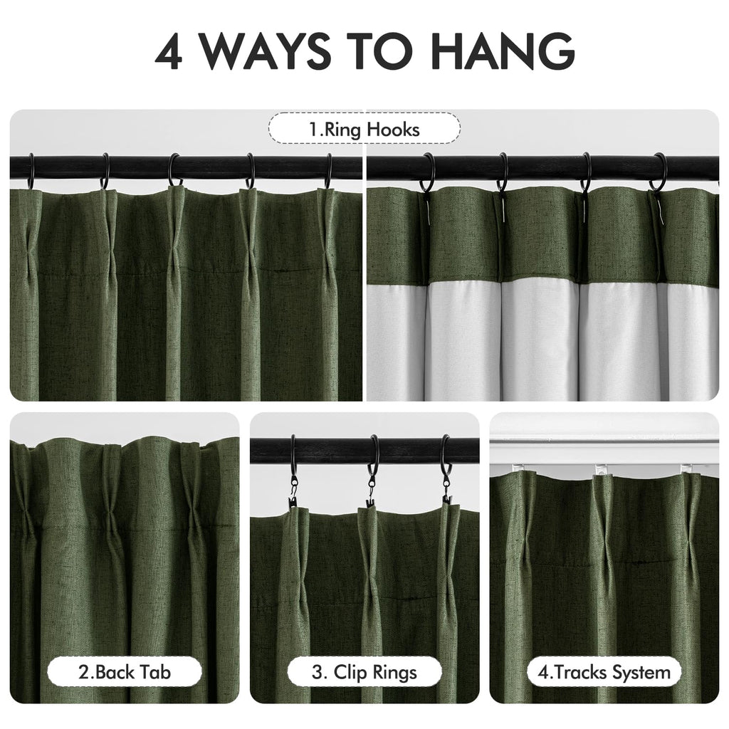 Miulee Olive Green Pinch Pleated 100% Blackout Linen Curtains 90 Inch Length 2 Panels Set, Dark Green Pleat Curtains With Pin Ho