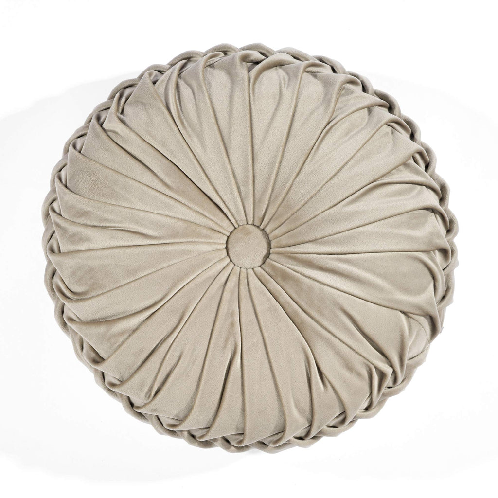 Lush Decor Round Pleated Soft Velvet Decorative Throw Pillow, 1 Count, 15' Diameter, Taupe - Neutral Plush Round Pillow, Seat C