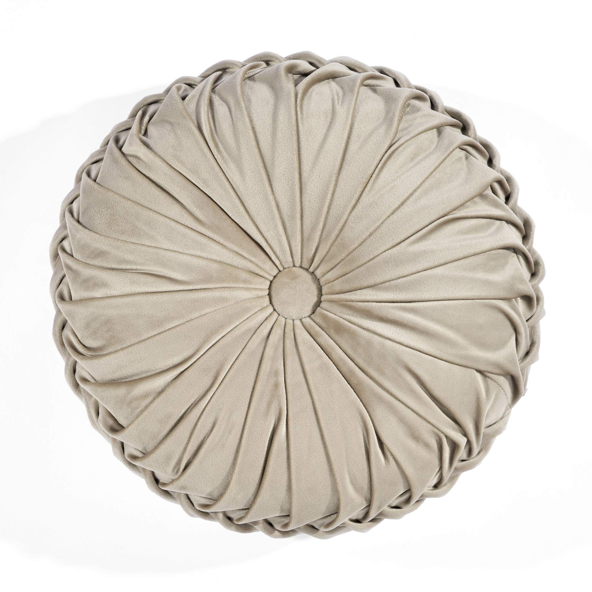 Lush Decor Round Pleated Soft Velvet Decorative Throw Pillow, 1 Count, 15' Diameter, Taupe - Neutral Plush Round Pillow, Seat C