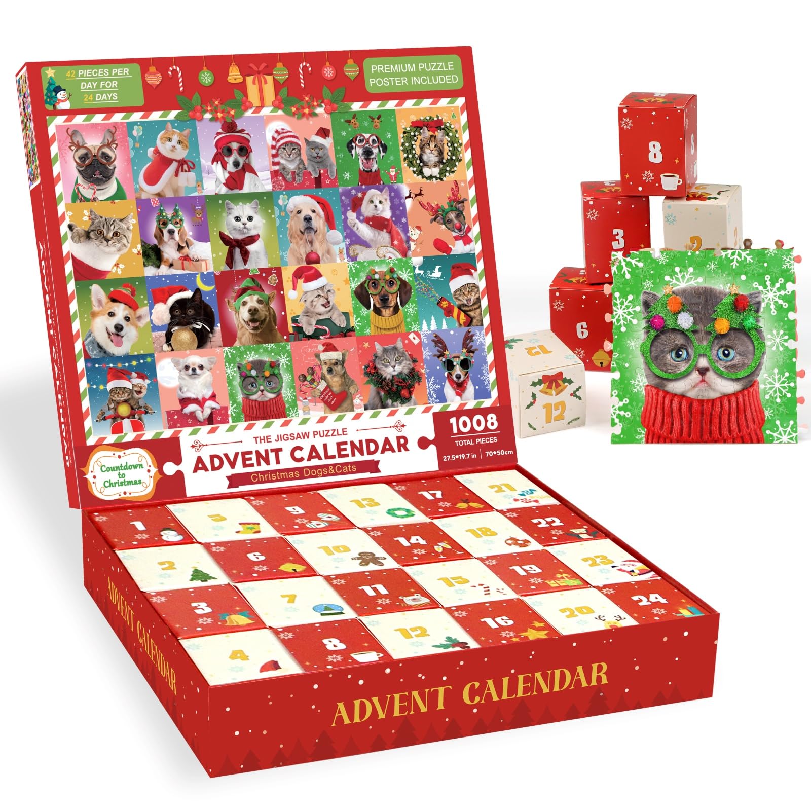 Advent Calendar 2024 Christmas Jigsaw Puzzles, Christmas Dogs & Cats Christmas Holiday Puzzle for Kids Adults 24 Boxs 1008 Piece