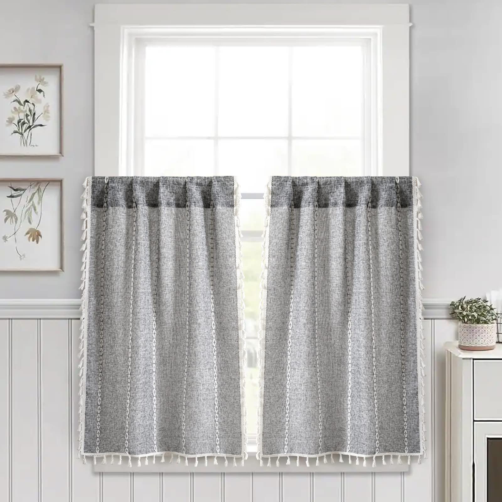 RoomTalks Dark Gray Boho Farmhouse Kitchen Curtains 36 Inch Length French Striped Modern Vintage Chic Textured Tassel Charcoal S