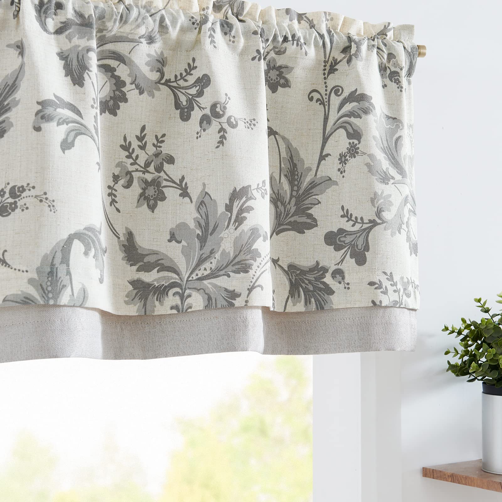 jinchan Linen Valance Curtain Farmhouse Window Decor Gray Floral Print Valance for Kitchen Living Room Double Layer Blackout Val