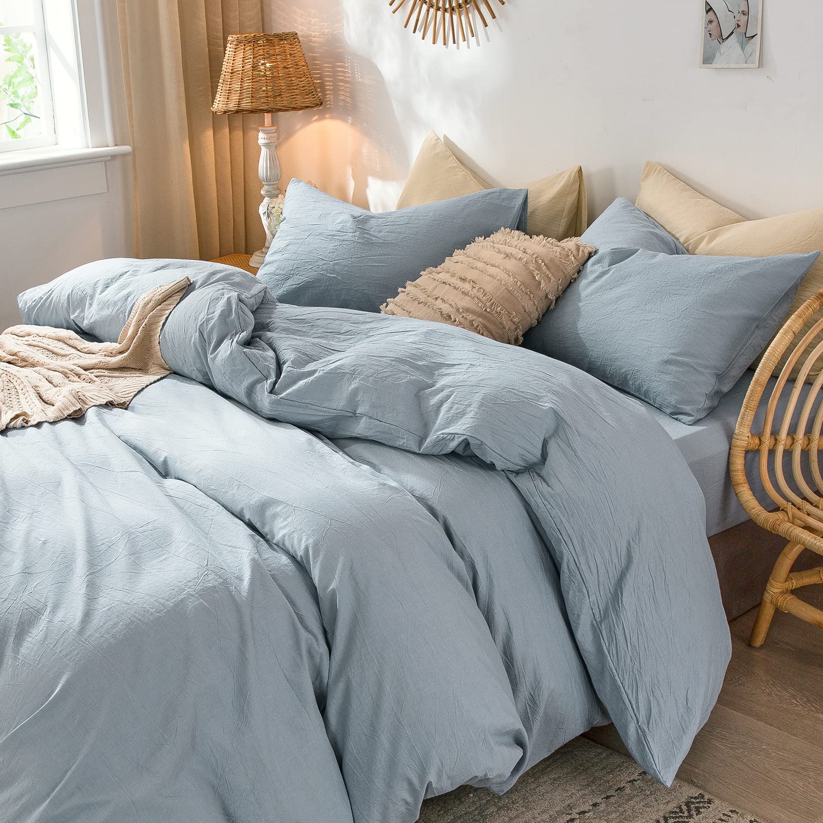 Moomee Bedding Pillowcases Pack Of 2 100% Washed Cotton Linen Like Textured Breathable Durable Soft Comfy (Cornflower Blue, Stan