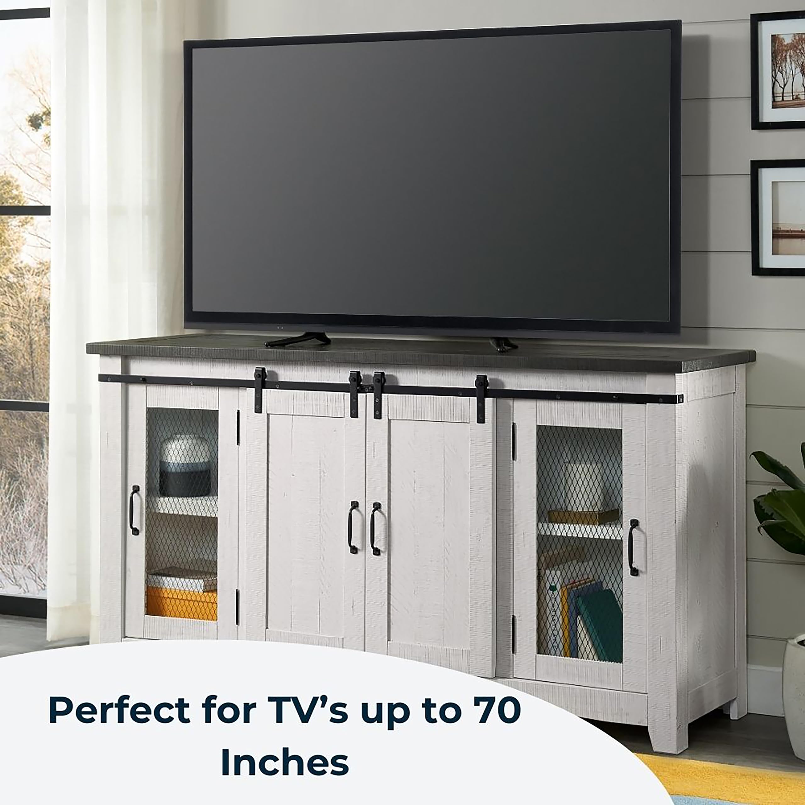 Martin Svensson Home Rustic 65” Solid Wood Tv Stand With Storage, White Stain With Grey Stain Top