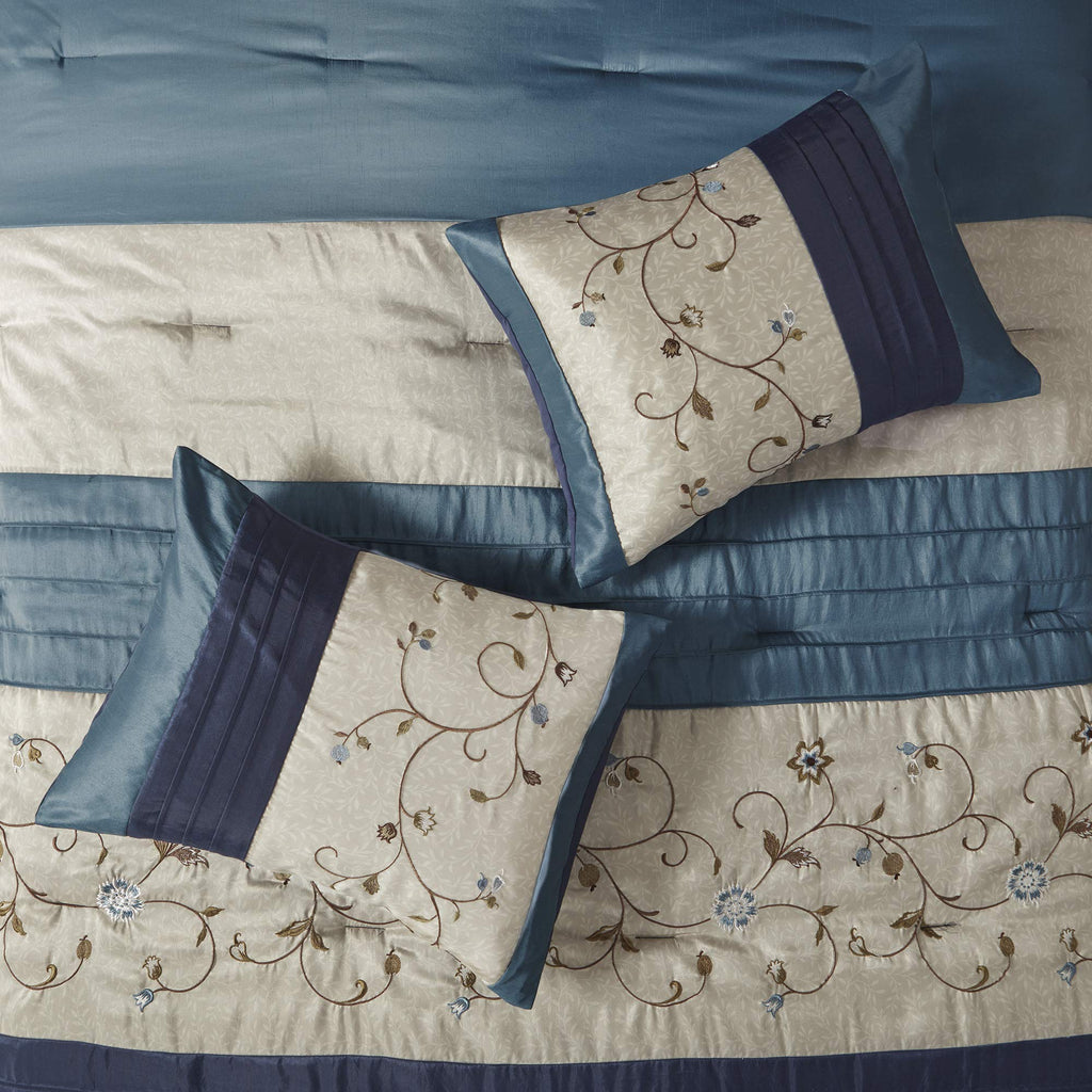 Madison Park Serene Faux Silk Comforter Set - Floral Embroidery Design, All Season Bedding Set, Matching Bed Skirt, Decorative Pillows, Navy Queen(90'X90') 7 Piece