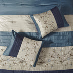 Madison Park Serene Faux Silk Comforter Set - Floral Embroidery Design, All Season Bedding Set, Matching Bed Skirt, Decorative Pillows, Navy Queen(90'X90') 7 Piece