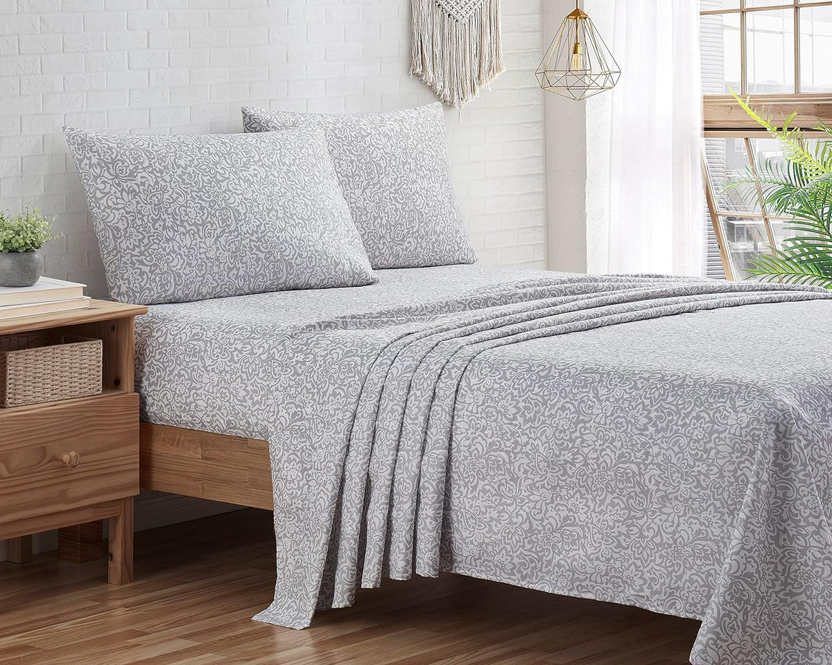 Indigo Ink - Twin Size Sheet Set, 3-Piece Boho Floral Damask Patterned Bedding, Soft & Wrinkle Resistant (Tufted Medallion Colle