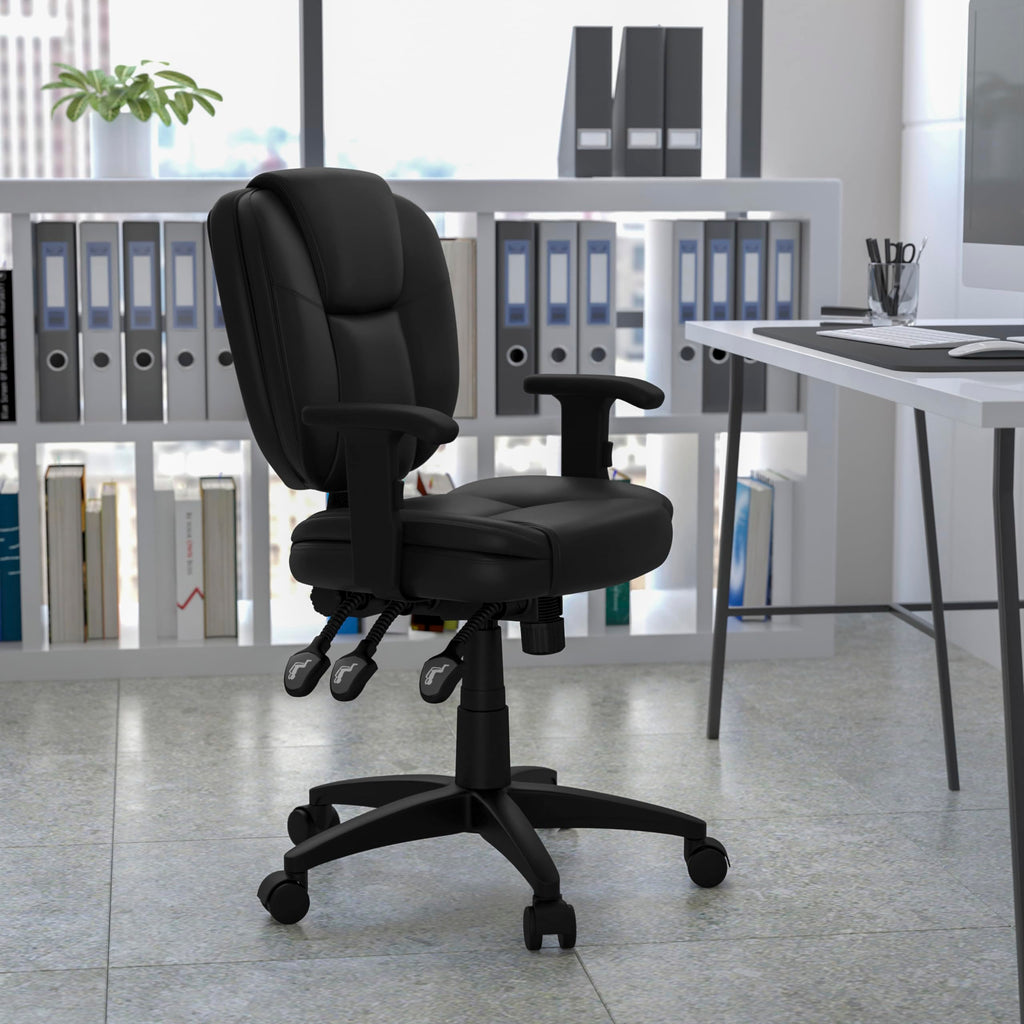 Flash Furniture Caroline Mid-Back Black Leathersoft Multifunction Swivel Ergonomic Task Office Chair With Pillow Top Cushioning And Arms