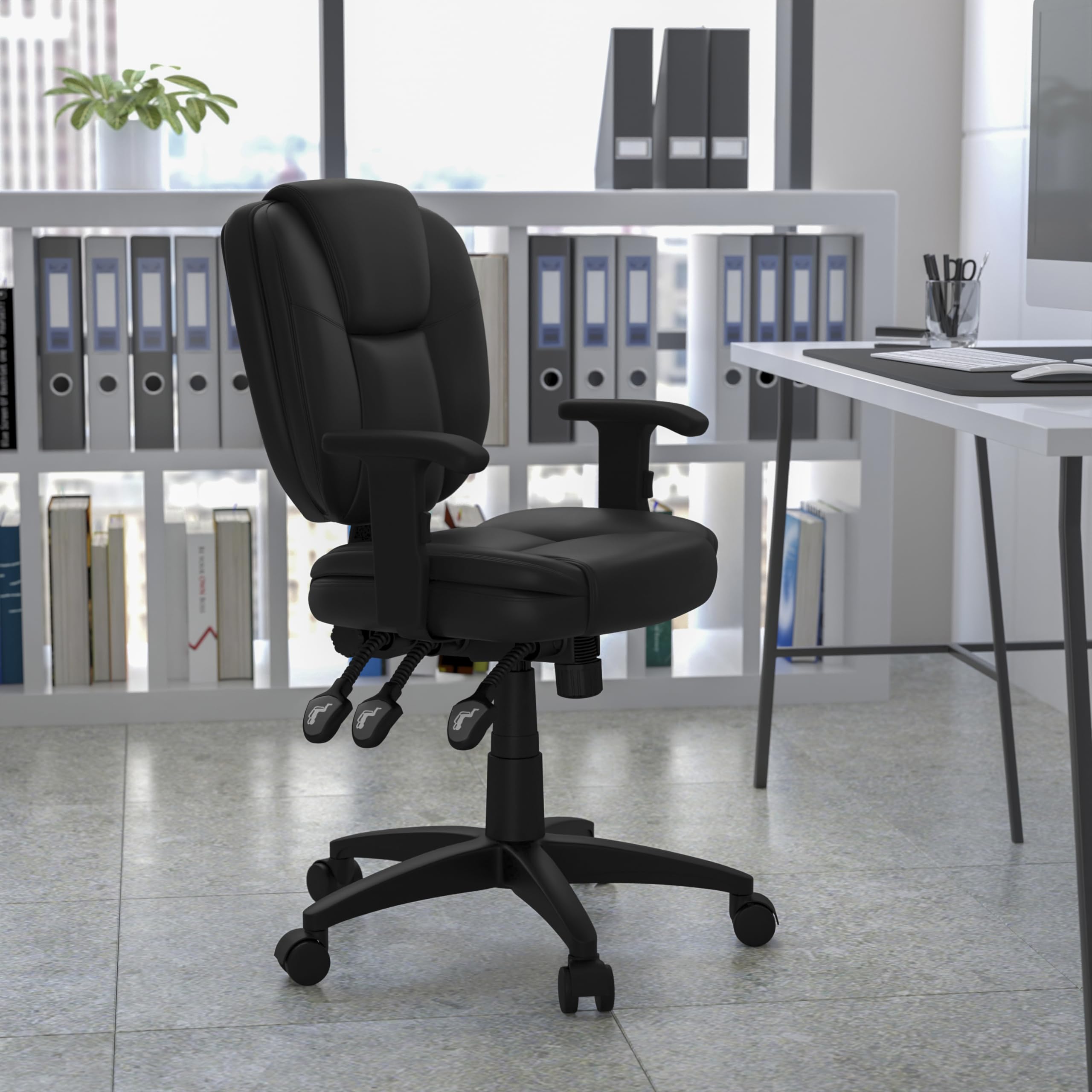 Flash Furniture Caroline Mid-Back Black Leathersoft Multifunction Swivel Ergonomic Task Office Chair With Pillow Top Cushioning And Arms