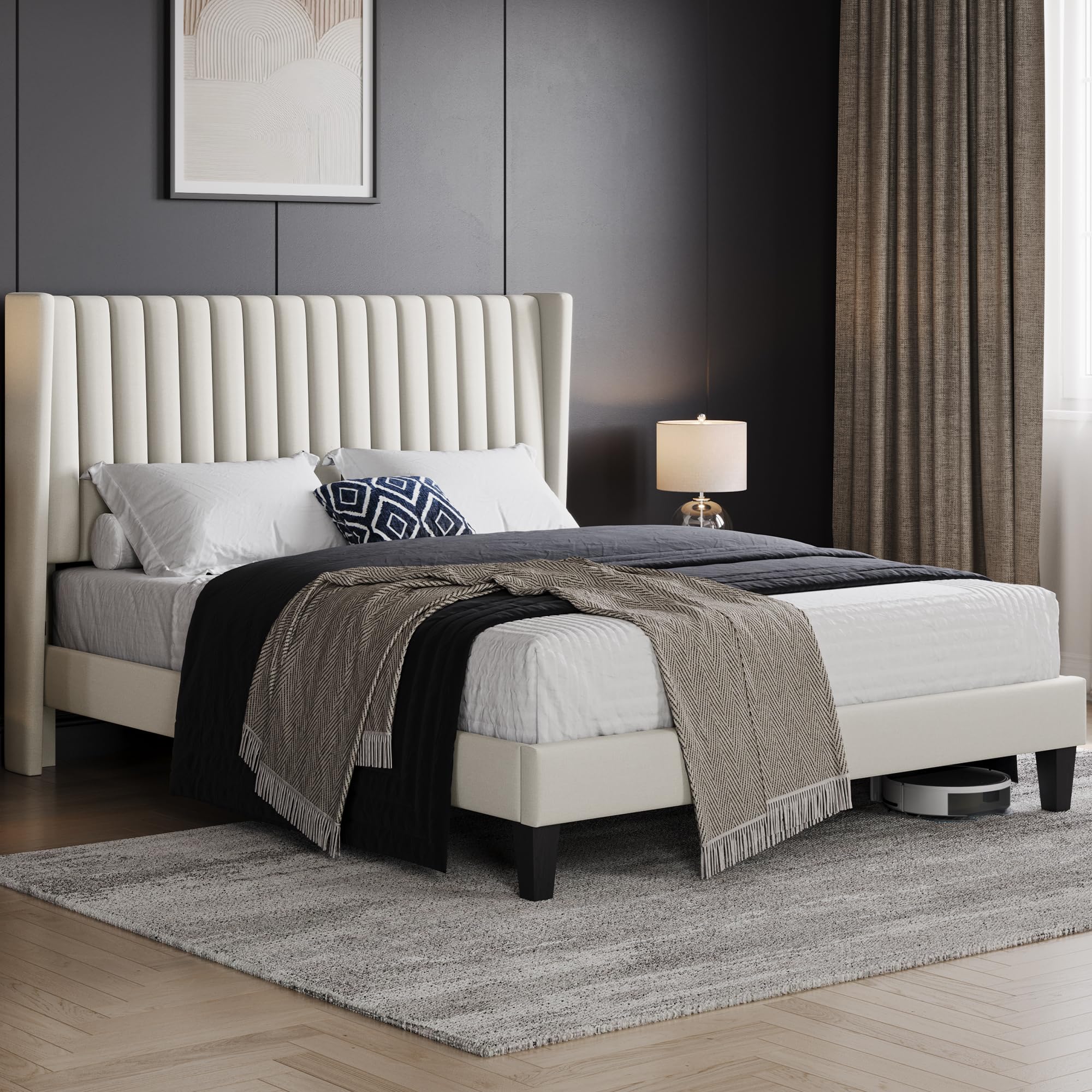 Yaheetech Queen Bed Frame Upholstered Platform Bed With Fabric Headboard, Wing Edge Design/Non-Slip And Noise-Free/Wooden Slats Support/No Box Spring Needed/Easy Assembly, Beige Queen Bed